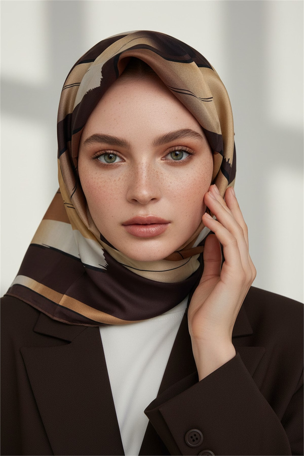 %100 Twill İpek Geometrik Fırça İzi Desenli Kahverengi - Bej Renkli 90x90 Eşarp Dikim Şekli : El Dikişi