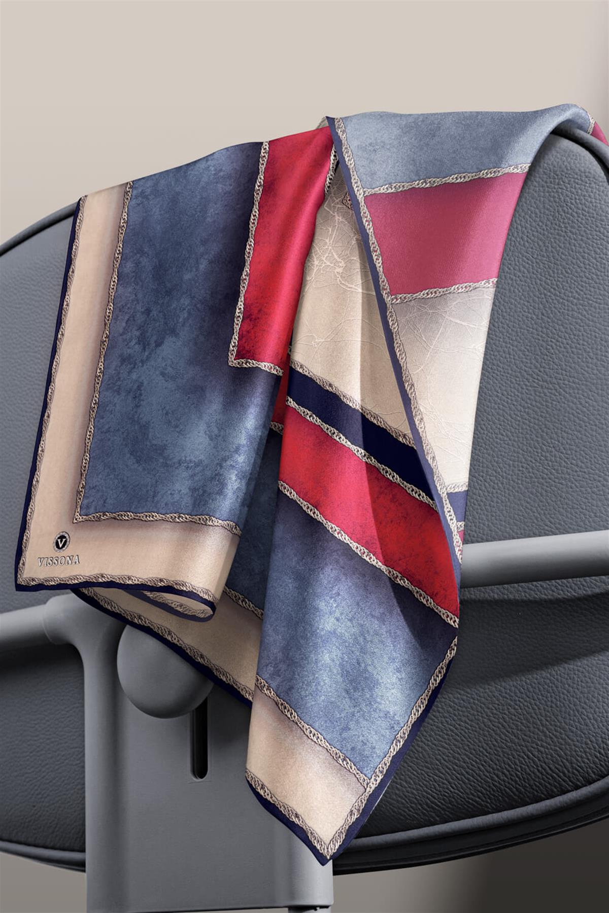 %100 Twill İpek Dokulu Geometrik Desenli Bordo - İndigo Renkli 90x90 Eşarp Dikim Şekli : El Dikişi