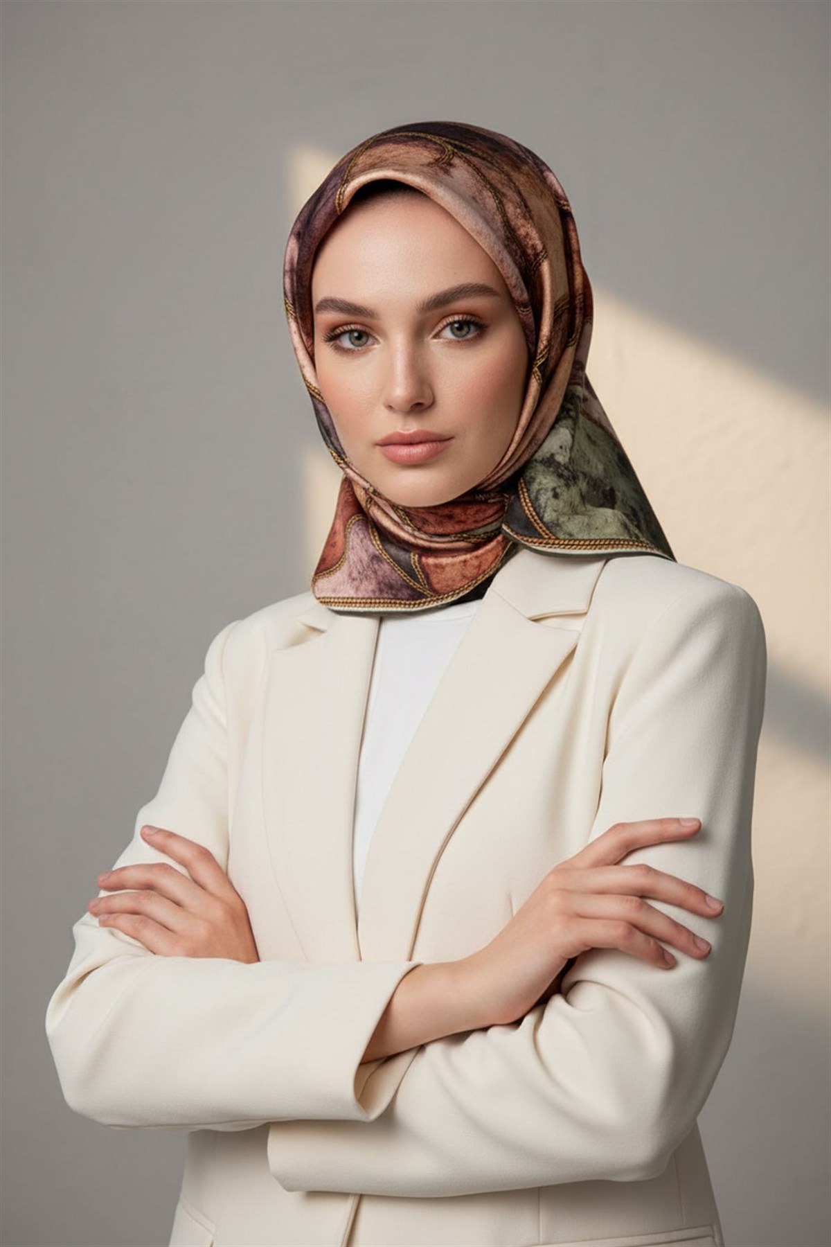 % 57 İPEK % 43 VİSKON Twill İpek Zincirli Mermer Desenli Haki - Bakır Renkli 90x90 Eşarp Dikim Şekli : El Dikişi