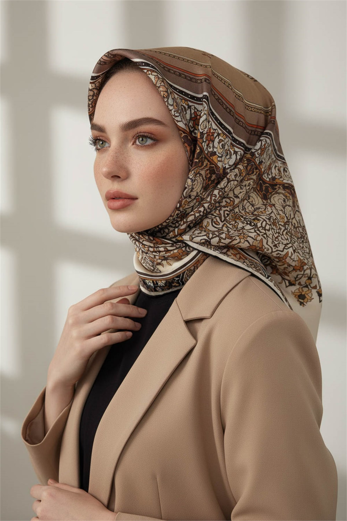 %100 Twill İpek Şal Desenli Bej Renkli 90x90 Eşarp Dikim Şekli : El Dikişi