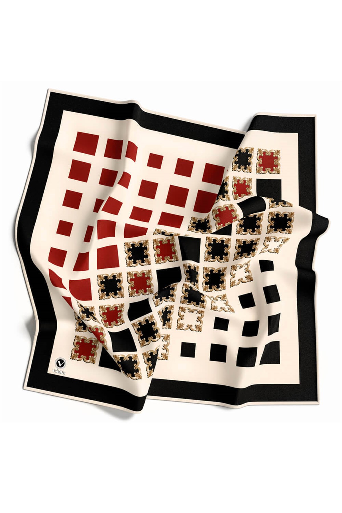 Twill Gold Detaylı Kare Desenli Siyah - Bordo Renkli 90x90 Eşarp (İpek İçermez) Kenar Dikiş Şekli El Dikişli