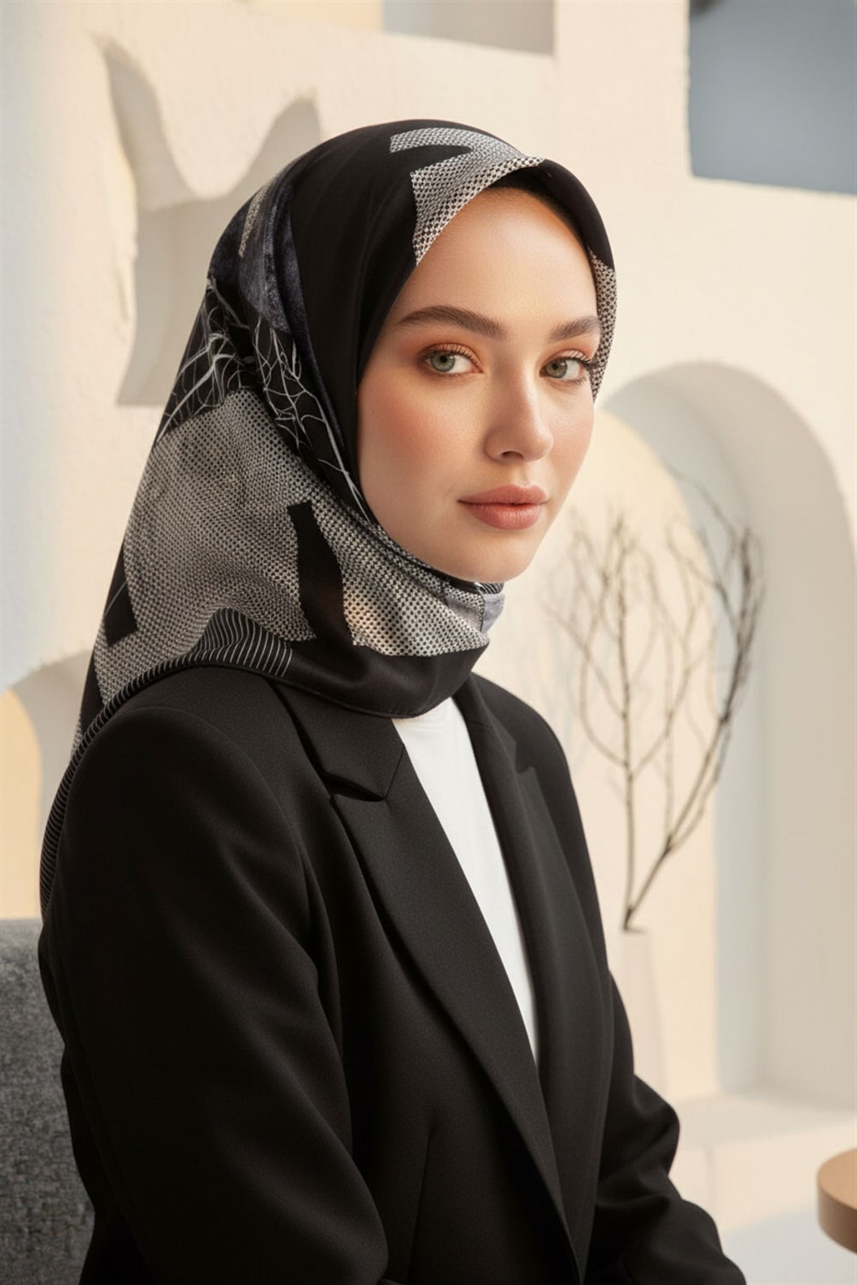 %100 Twill İpek Geometrik Desenli Siyah - Gri Renkli 90x90 Eşarp Dikim Şekli : El Dikişi