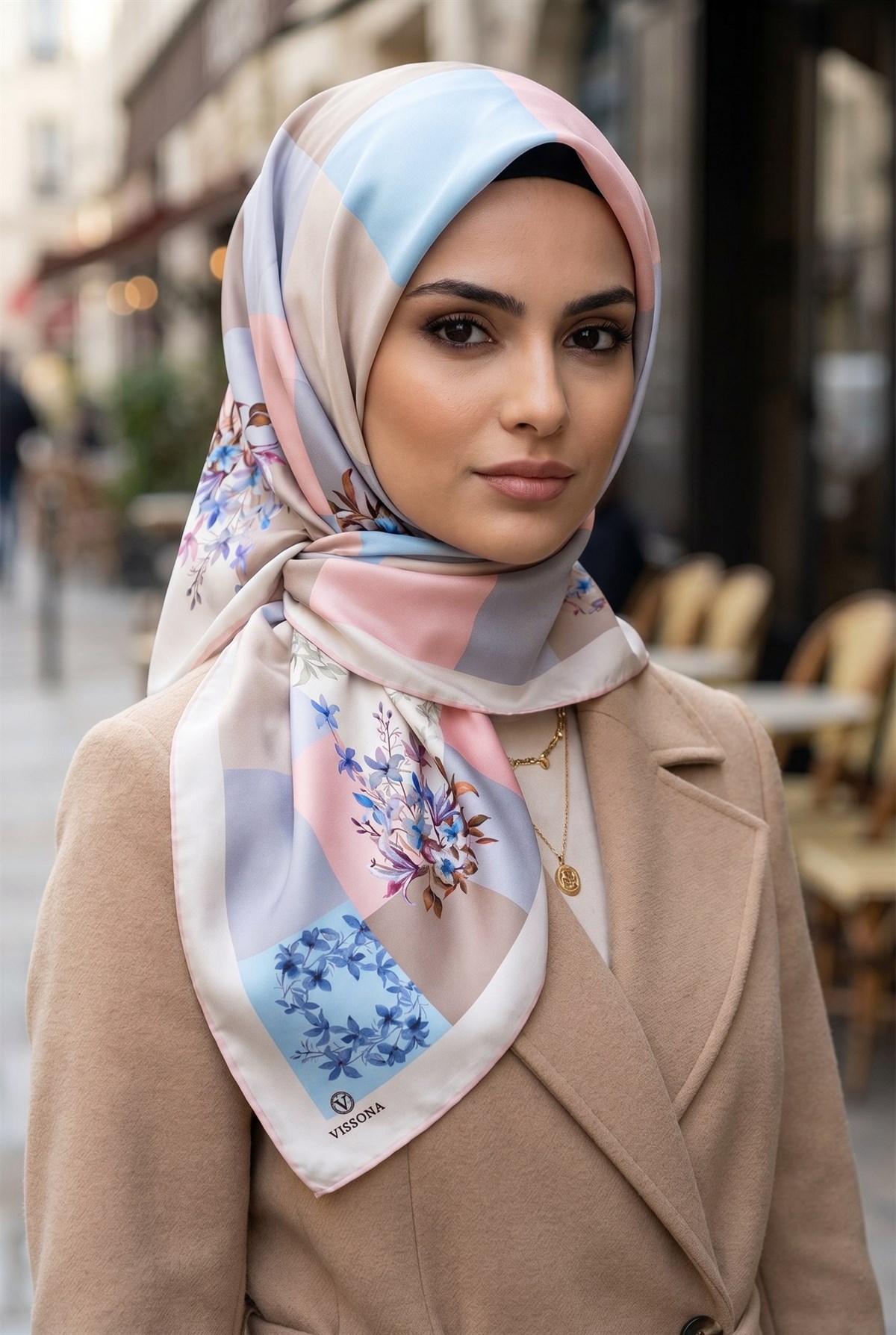 %100 Twill İpek Kareli Ve Çıtır Çiçek Desenli Pudra - Bebe Mavisi Renkli 90x90 Eşarp Dikim Şekli : El Dikişi