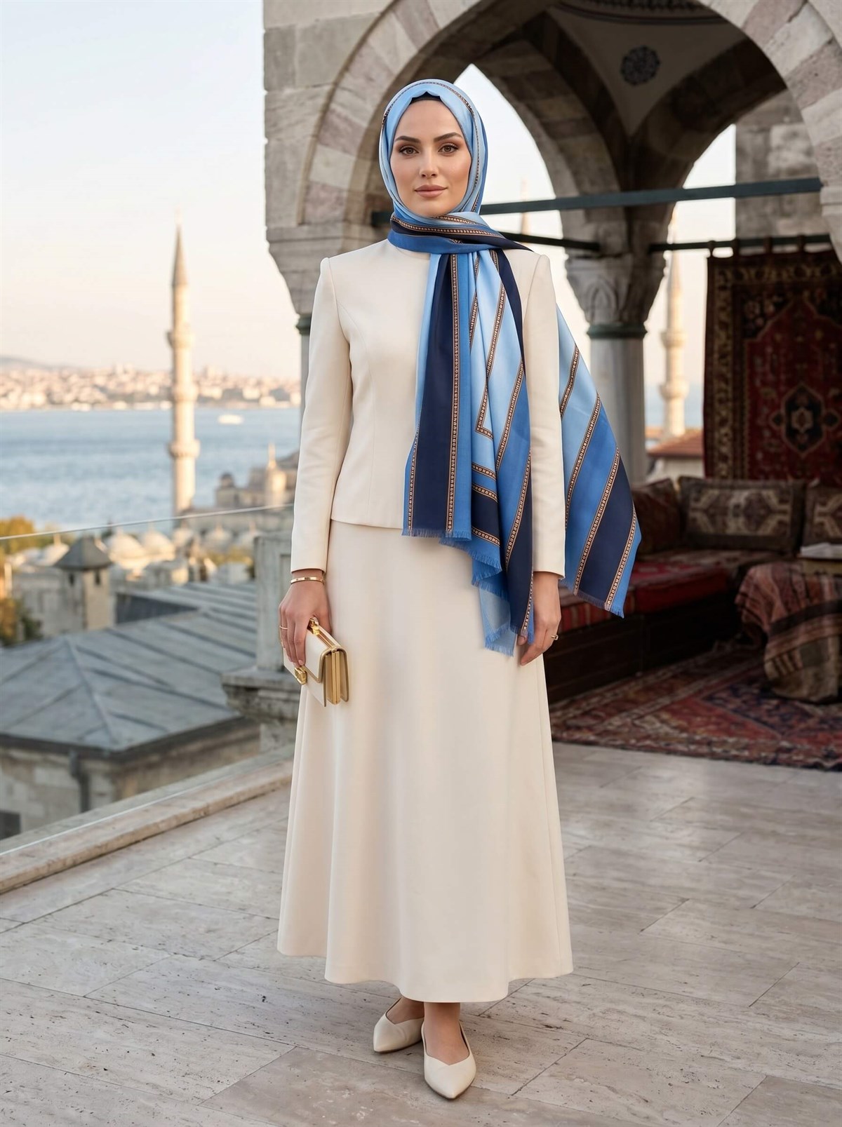 %100 İpek Şerit Desenli Lacivert - Bebe Mavisi Renkli 92x210 Şal