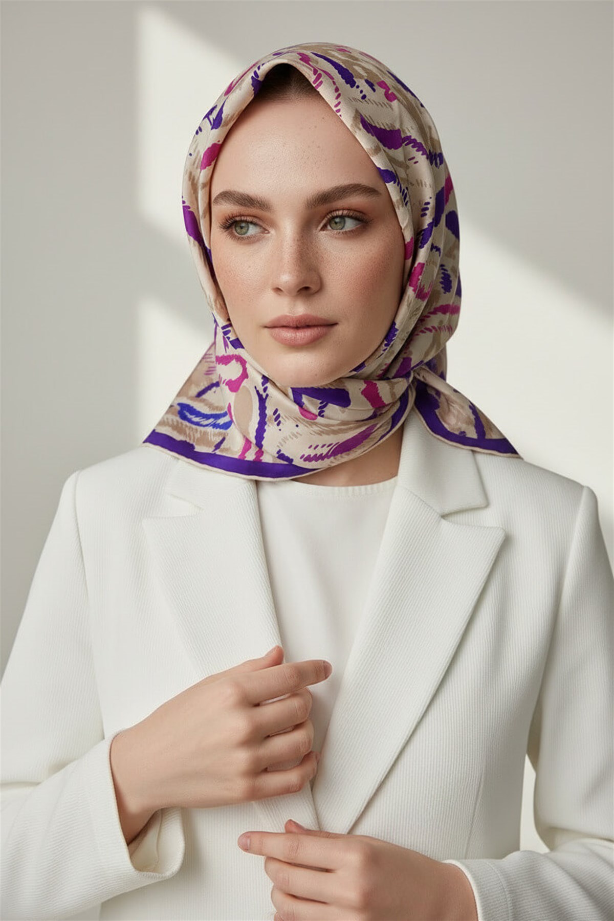%100 Twill İpek Geometrik Desenli Mor - Fuşya Renkli 90x90 Eşarp Dikim Şekli : El Dikişi