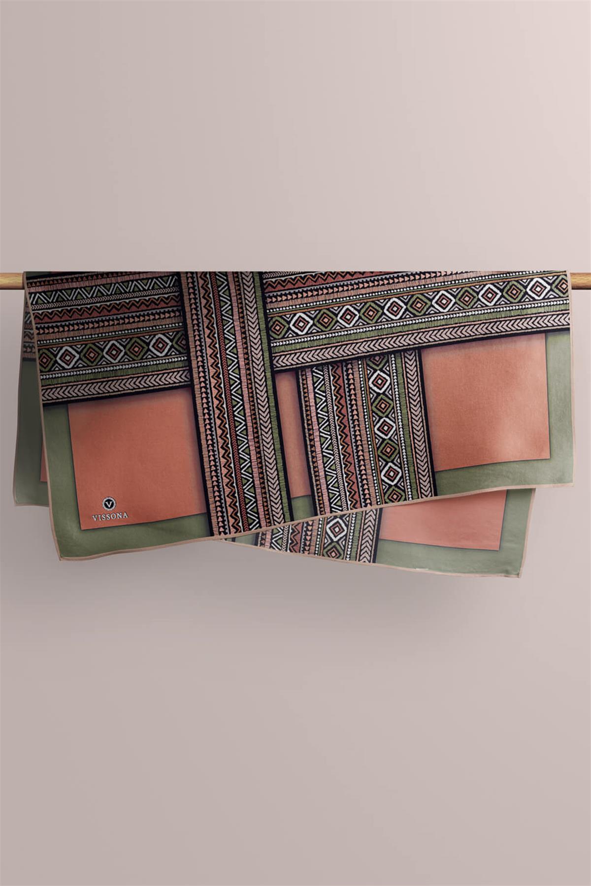 %100 Twill İpek Etnik Desenli Haki - Bakır  Renkli 90x90 Eşarp Dikim Şekli : El Dikişi