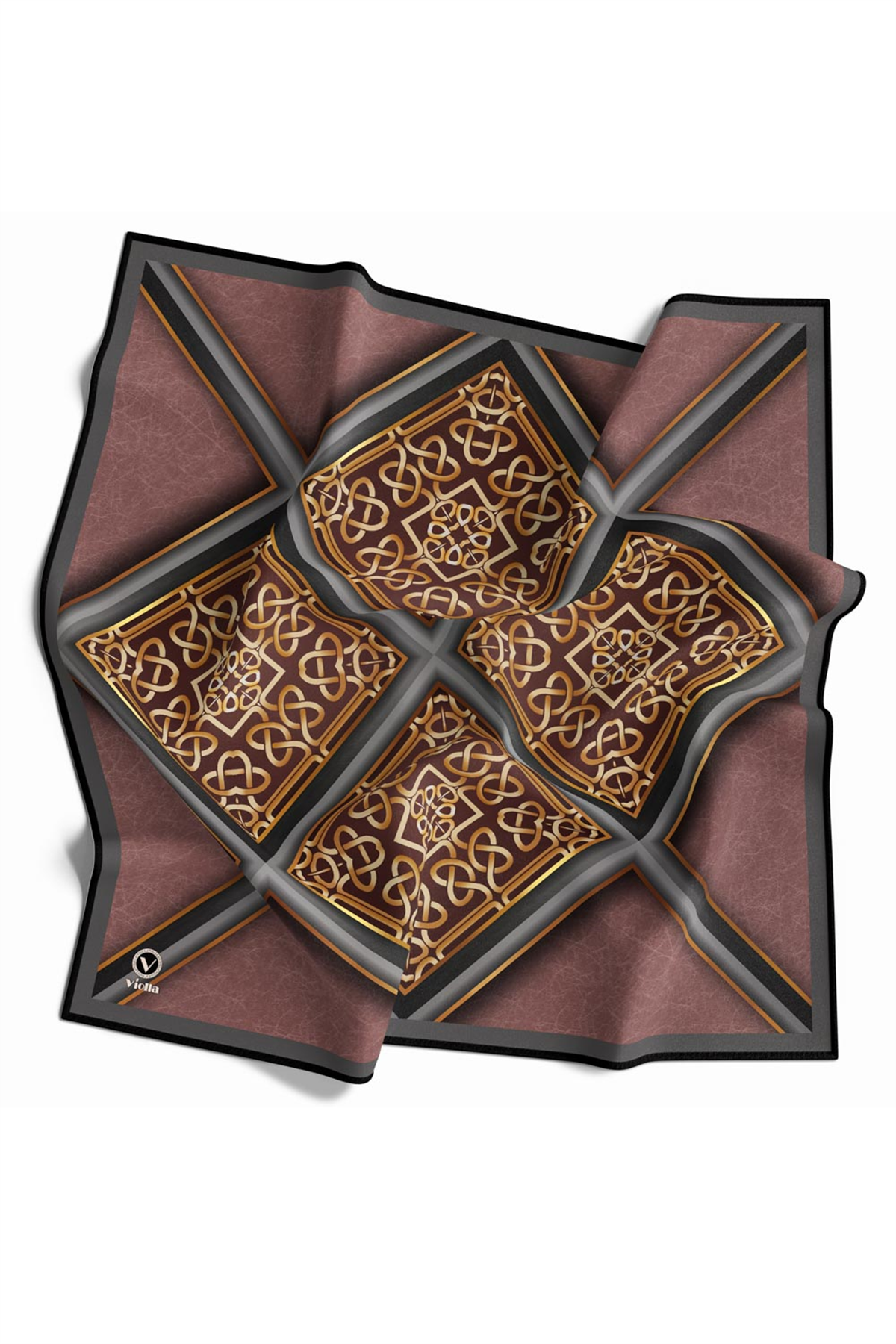 Twill Gold Çerçeveli Barok Desenli Pudra Renkli 90x90 Eşarp (İpek İçermez) Kenar Dikiş Şekli El Dikişli