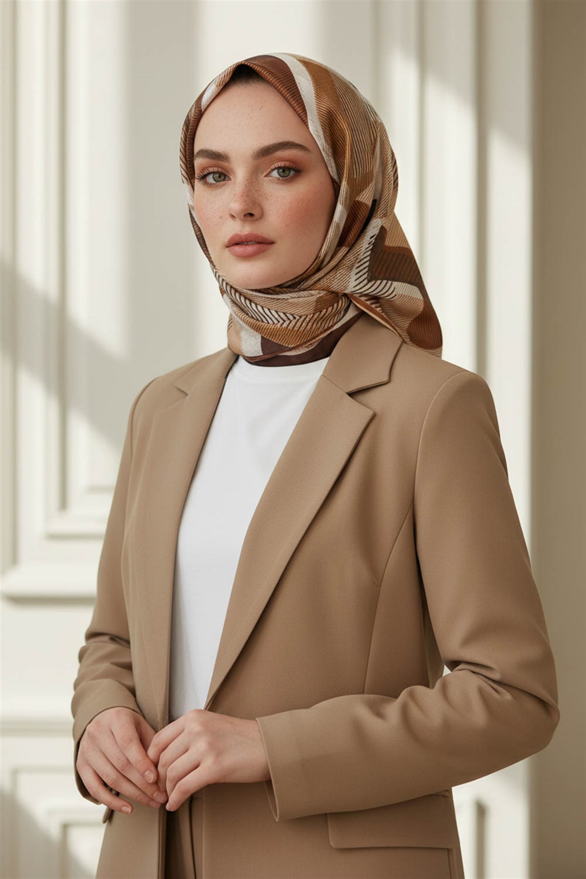 %100 Twill İpek Geometri Desenli Krem - Kahve Renkli 90x90 Eşarp Kenar Dikiş Şekli El Dikişli