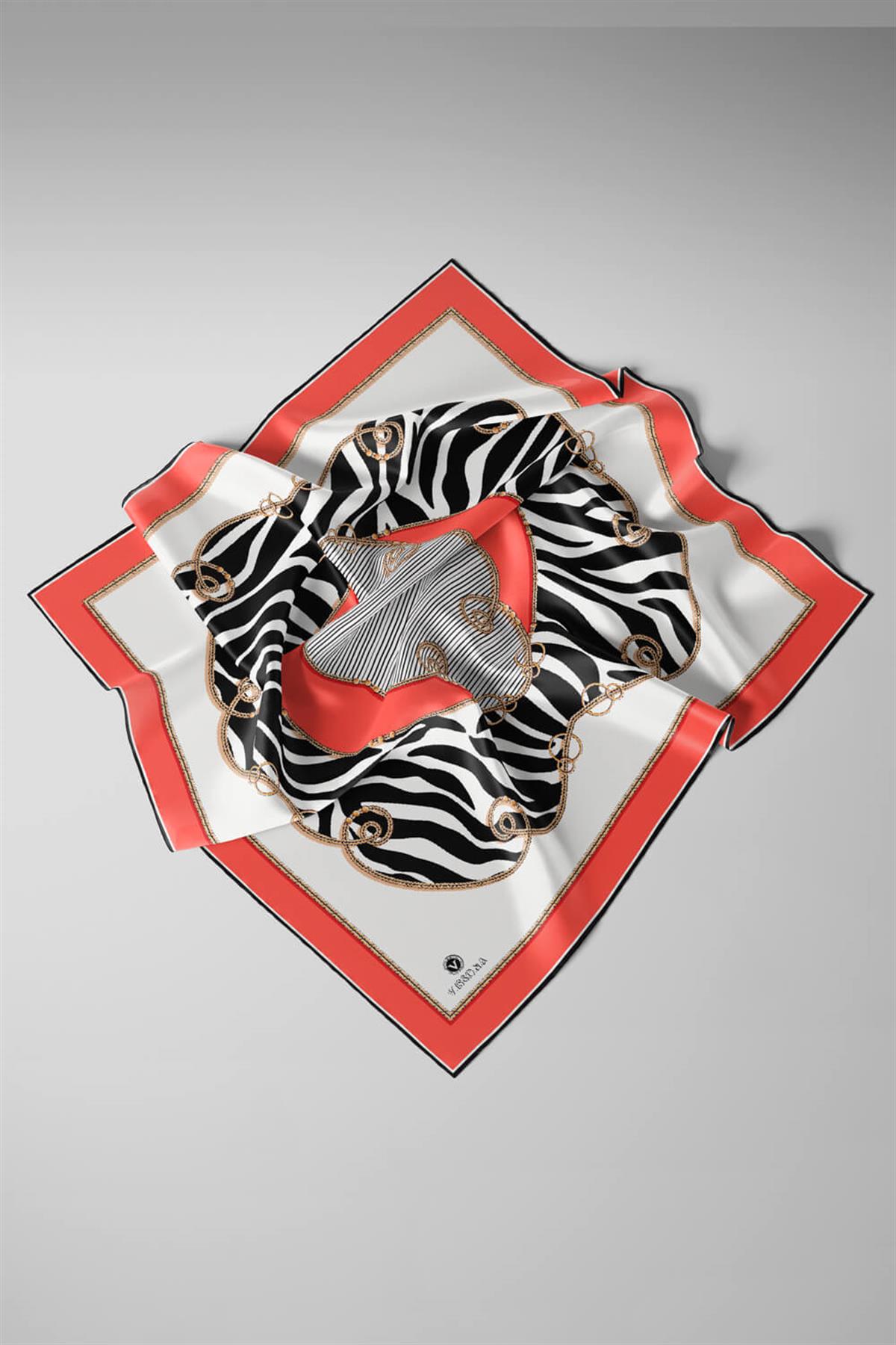 %100 Twill İpek Zincirli Ve Zebra Desenli Nar Çiçeği - Siyah Renkli 90x90 Eşarp Dikim Şekli : El Dikişi