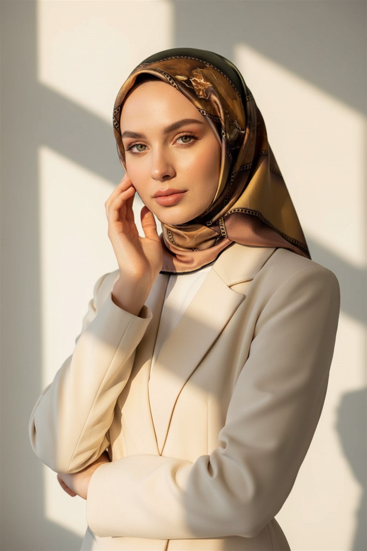 %100 Twill İpek Efektli Bant Desenli Bakır - Bej Renkli 90x90 Eşarp Dikim Şekli : El Dikişi