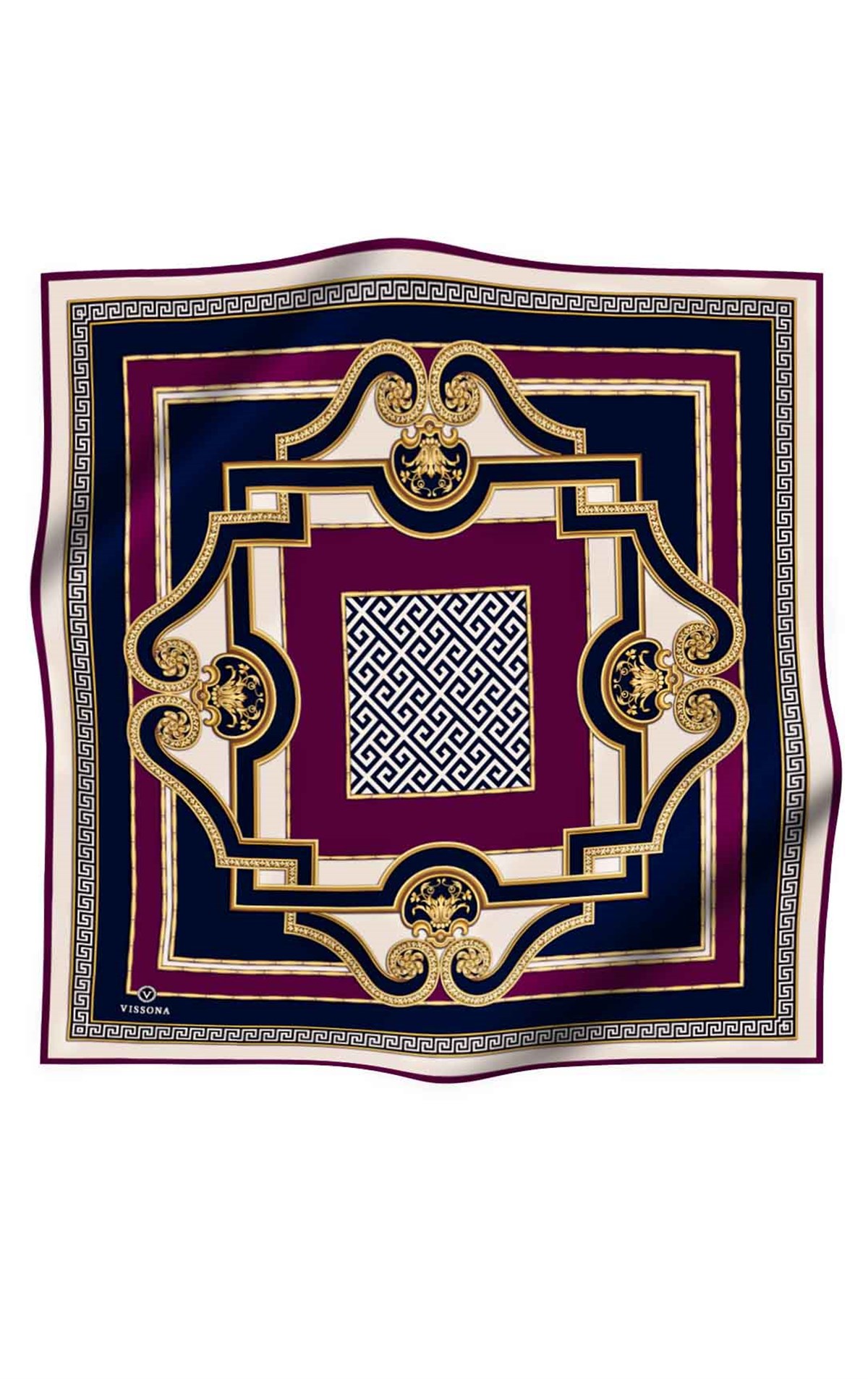 %100 Twill İpek Barok Desenli Mürdüm - Lacivert Renkli 90x90 Eşarp Dikim Şekli : El Dikişi