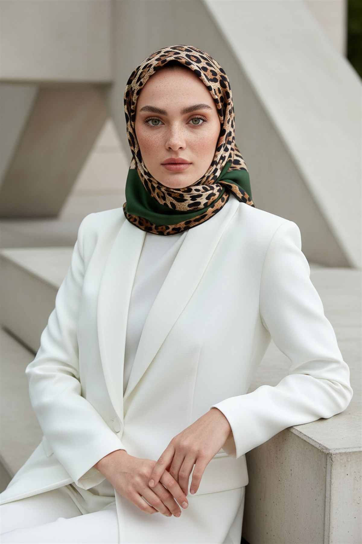 %100 Twill İpek Leopar Desenli Zümrüt Yeşili Renkli 90x90 Eşarp Dikim Şekli : El Dikişi