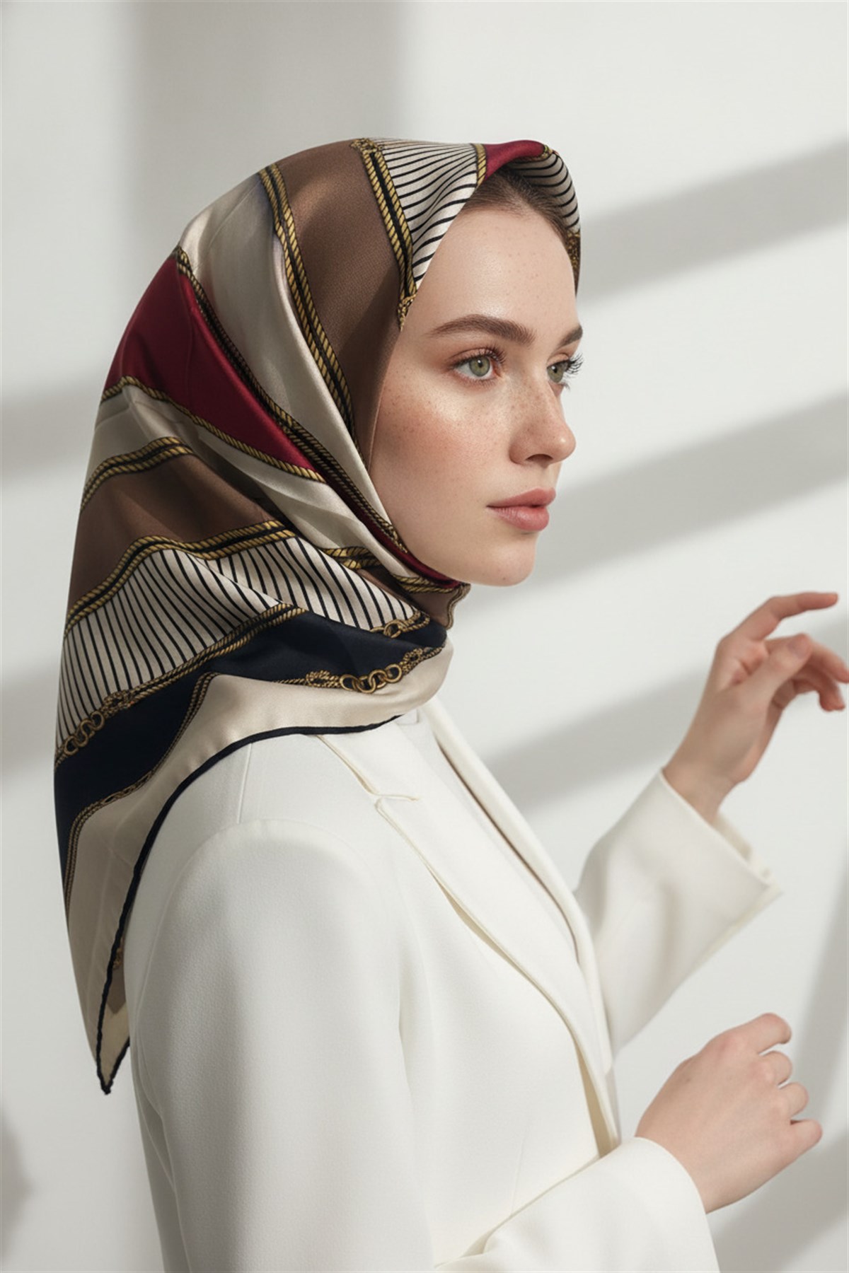 %100 Twill İpek Zincir Detaylı Geometrik Desenli Bordo - Bej Renkli 90x90 Eşarp Dikim Şekli : El Dikişi