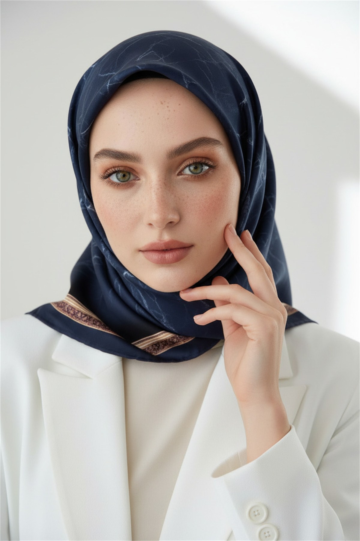 %100 Twill İpek Mermer Desenli Lacivert Renkli 90x90 Eşarp Dikim Şekli : El Dikişi