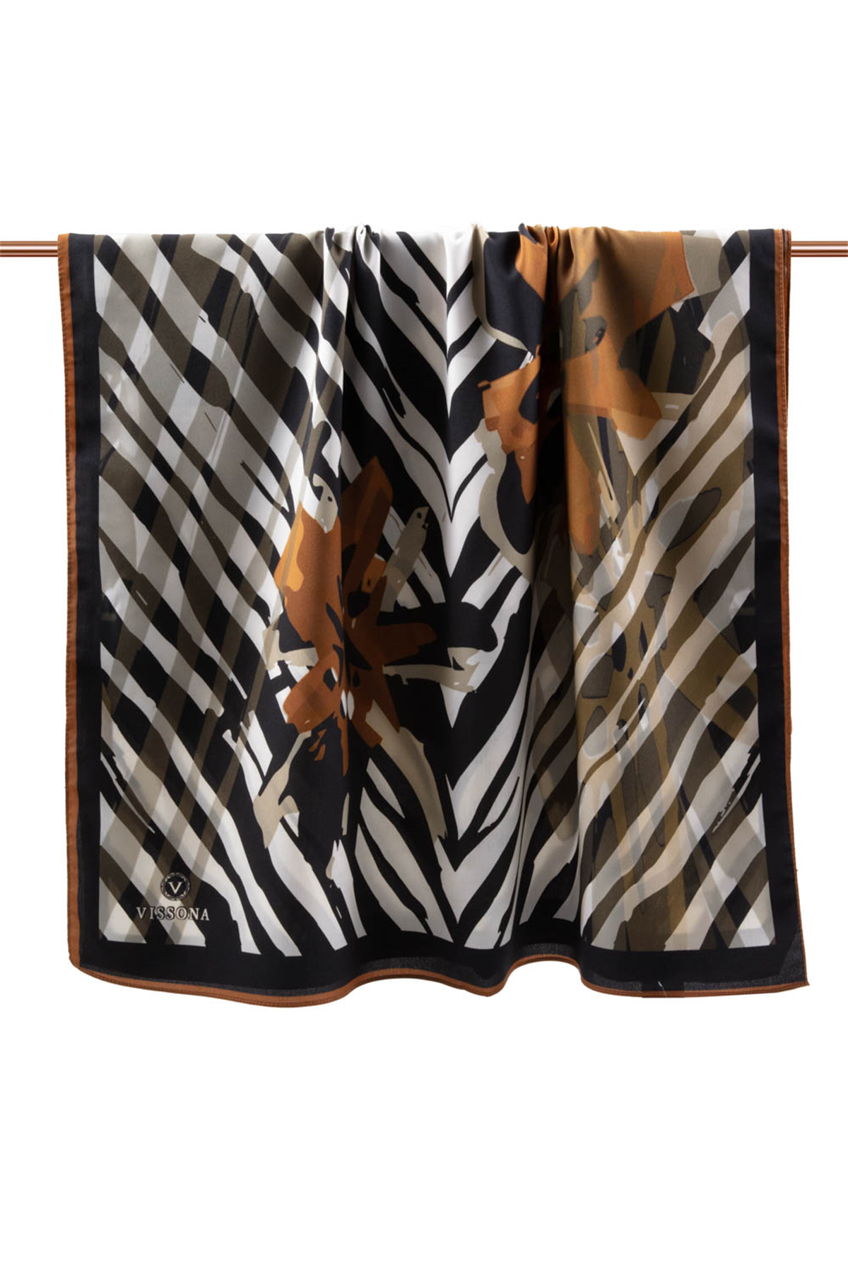 LÜKS MEDİNE İPEĞİ ZEBRA VE ÇİÇEK DESENLİ TABA RENKLİ 75X195 KIRIŞMAZ ŞAL MOSS KREP DİKİŞ TİPİ İTALYAN DİKİŞLİ