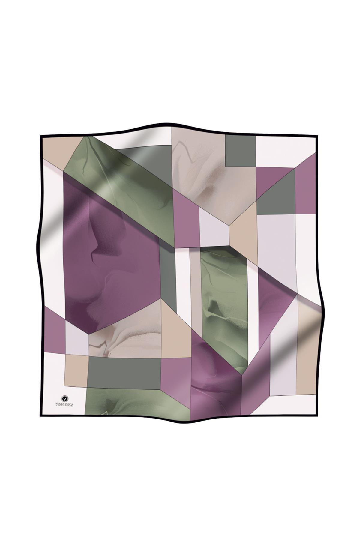 %100 Twill İpek Geometrik Desenli Gül Kurusu - Haki Renkli 90x90 Eşarp Dikim Şekli : El Dikişi