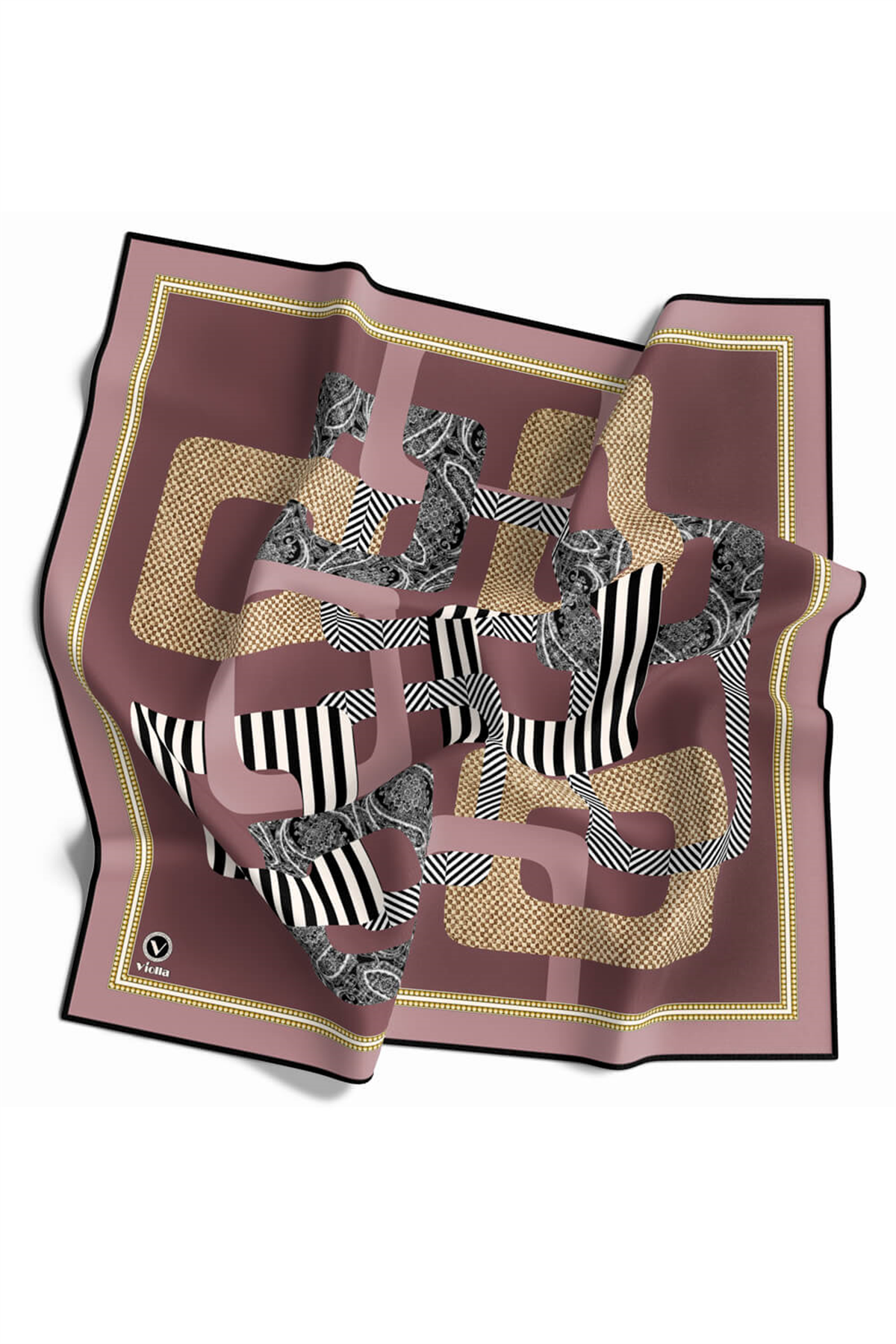 Twill Geometrik Desenli Pudra Renkli 90x90 Eşarp (İpek İçermez) Kenar Dikiş Şekli El Dikişli