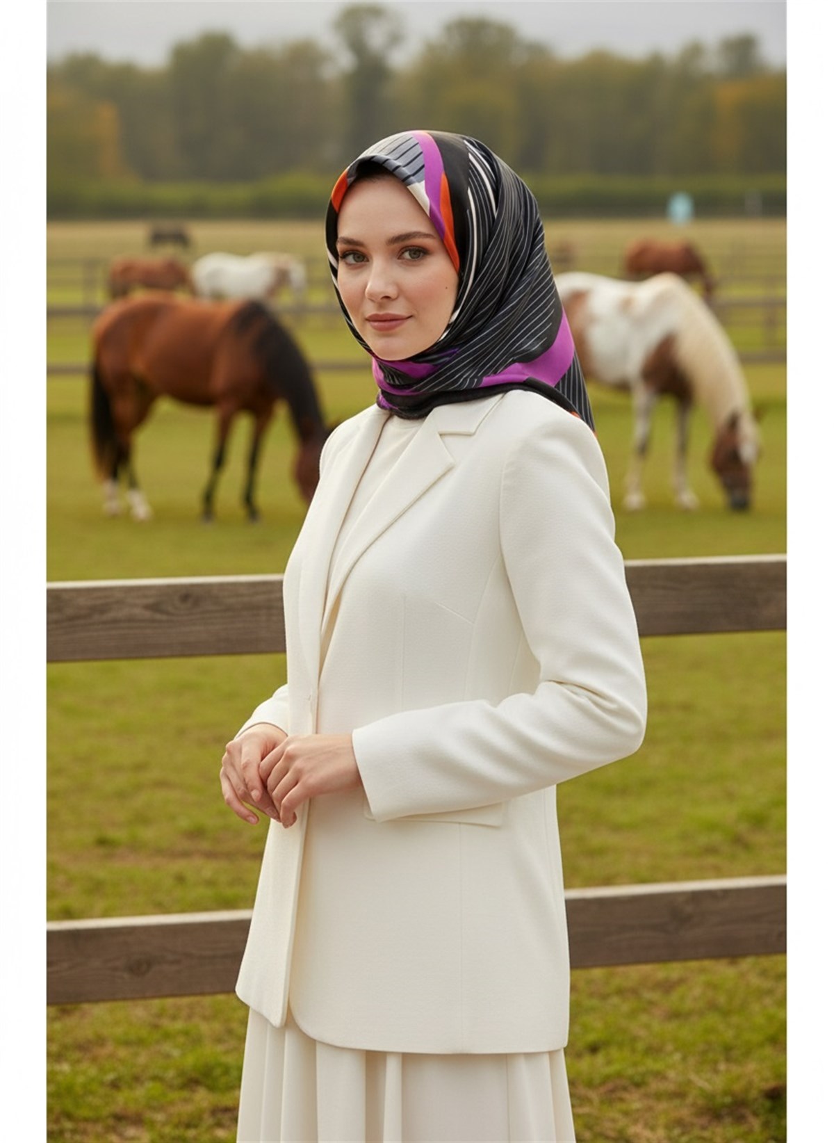 %100 Twill İpek Çizgili Geometrik Desenli Siyah - Gri Renkli 90x90 Eşarp Dikim Şekli : El Dikişi