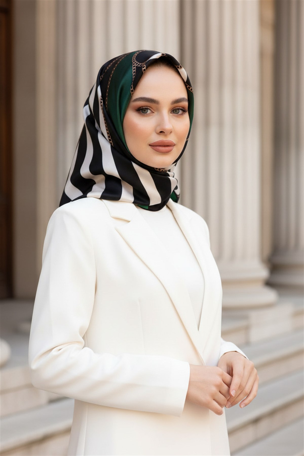 %100 Twill İpek Zincirli Çizgi Desenli Zümrüt Yeşili - Siyah Renkli 90x90 Eşarp Dikim Şekli : El Dikişi