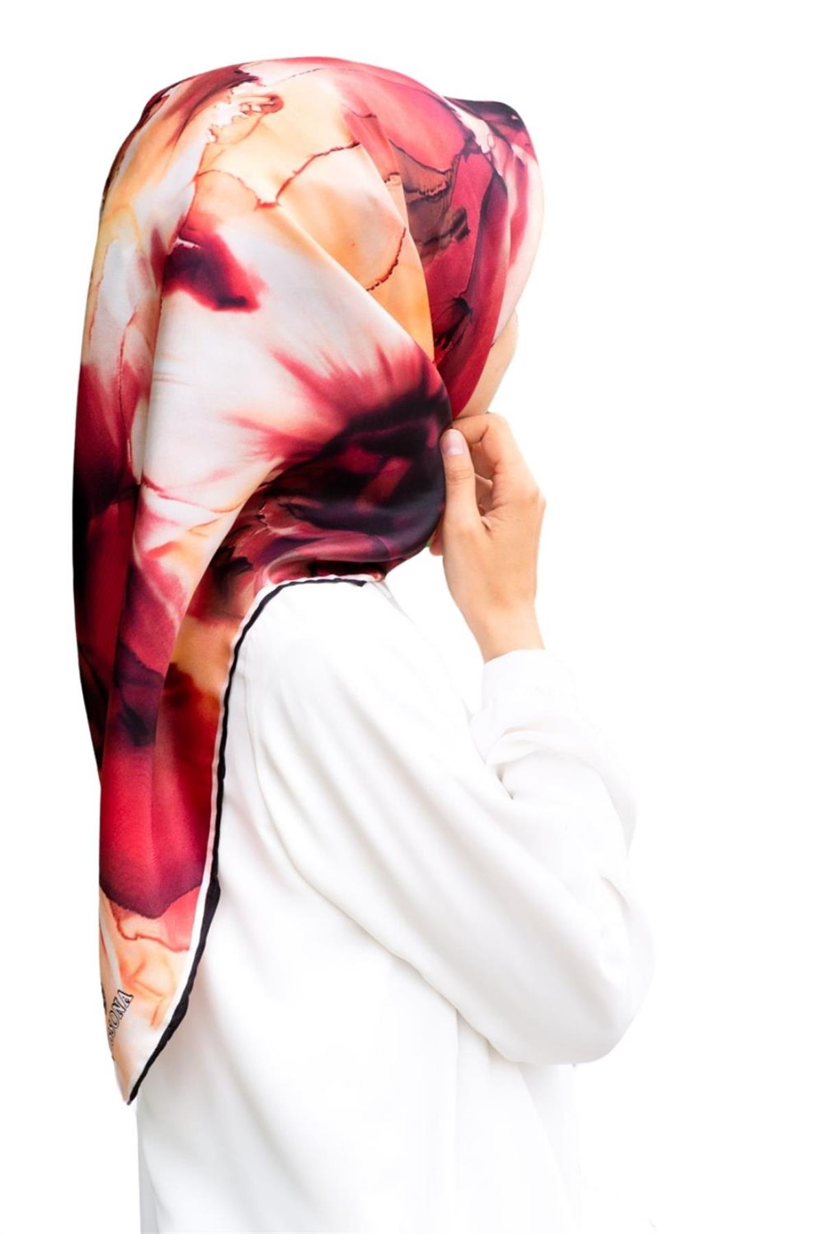 %100 Twill İpek Batik Çiçek Desenli Bordo - Hardal Renkli 90x90 Eşarp