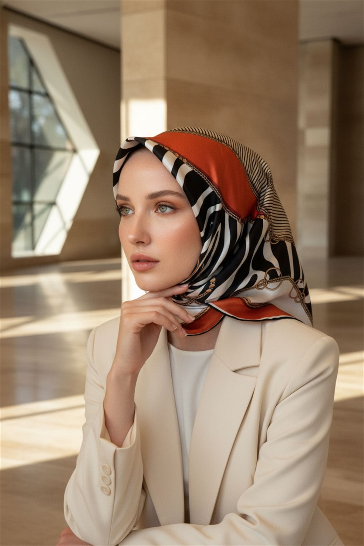 %100 Twill İpek Zincirli Ve Zebra Desenli Taba - Siyah Renkli 90x90 Eşarp Dikim Şekli : El Dikişi