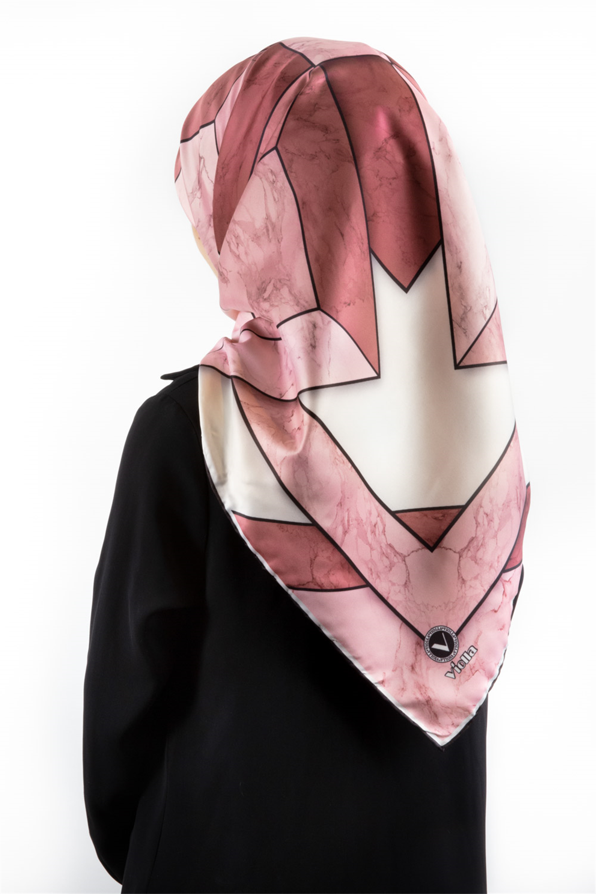 Twill Mermer Desenli Pudra - Gül Kurusu Renkli 90x90 Eşarp (İpek İçermez) Kenar Dikiş Şekli El Dikişli