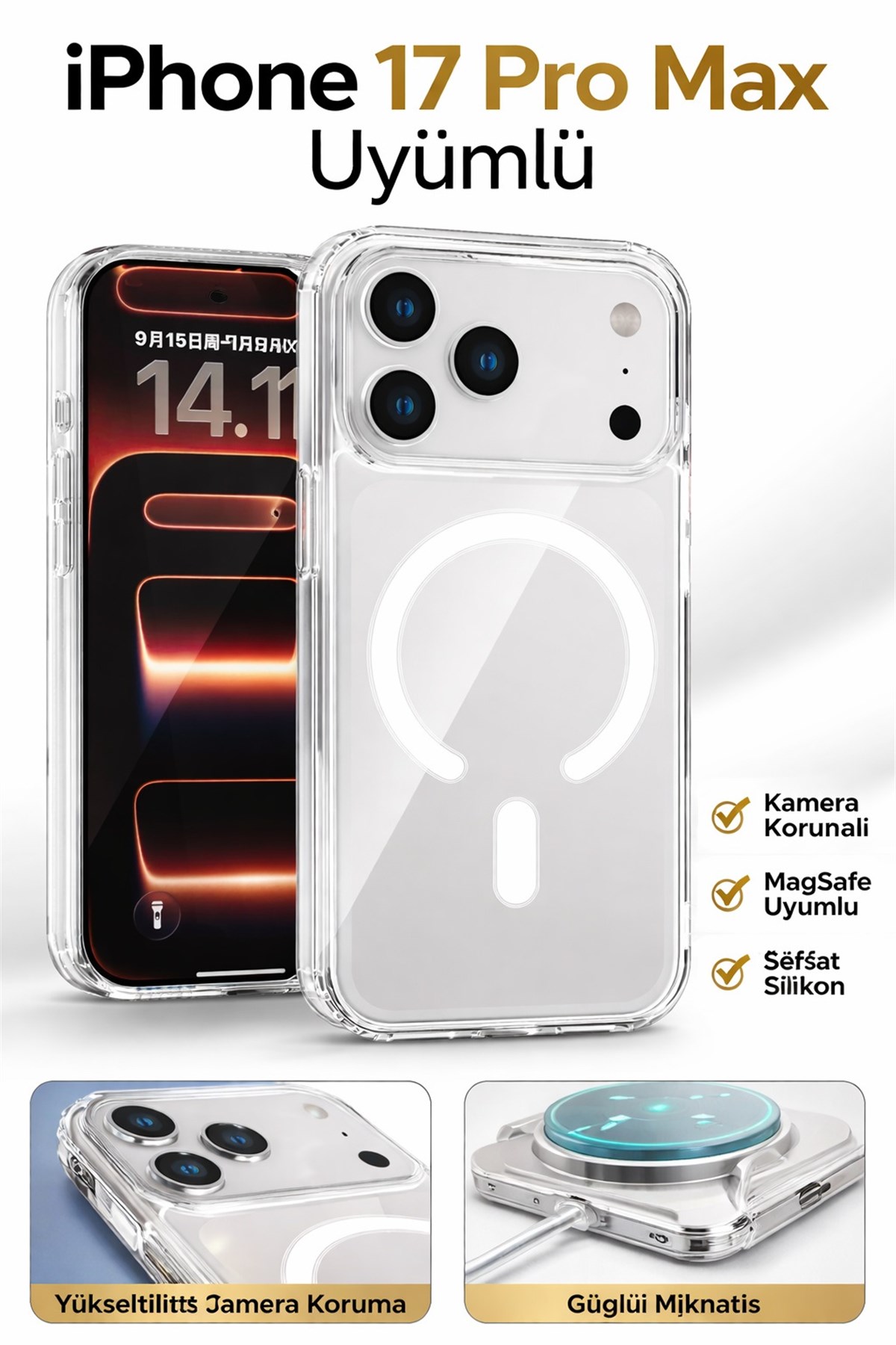 iPhone 17 Pro Max Uyumlu Kamera Korumalı Magsafe Wireless Şarj Özellikli Lüks Şeffaf Silikon Telefon Kılıfı