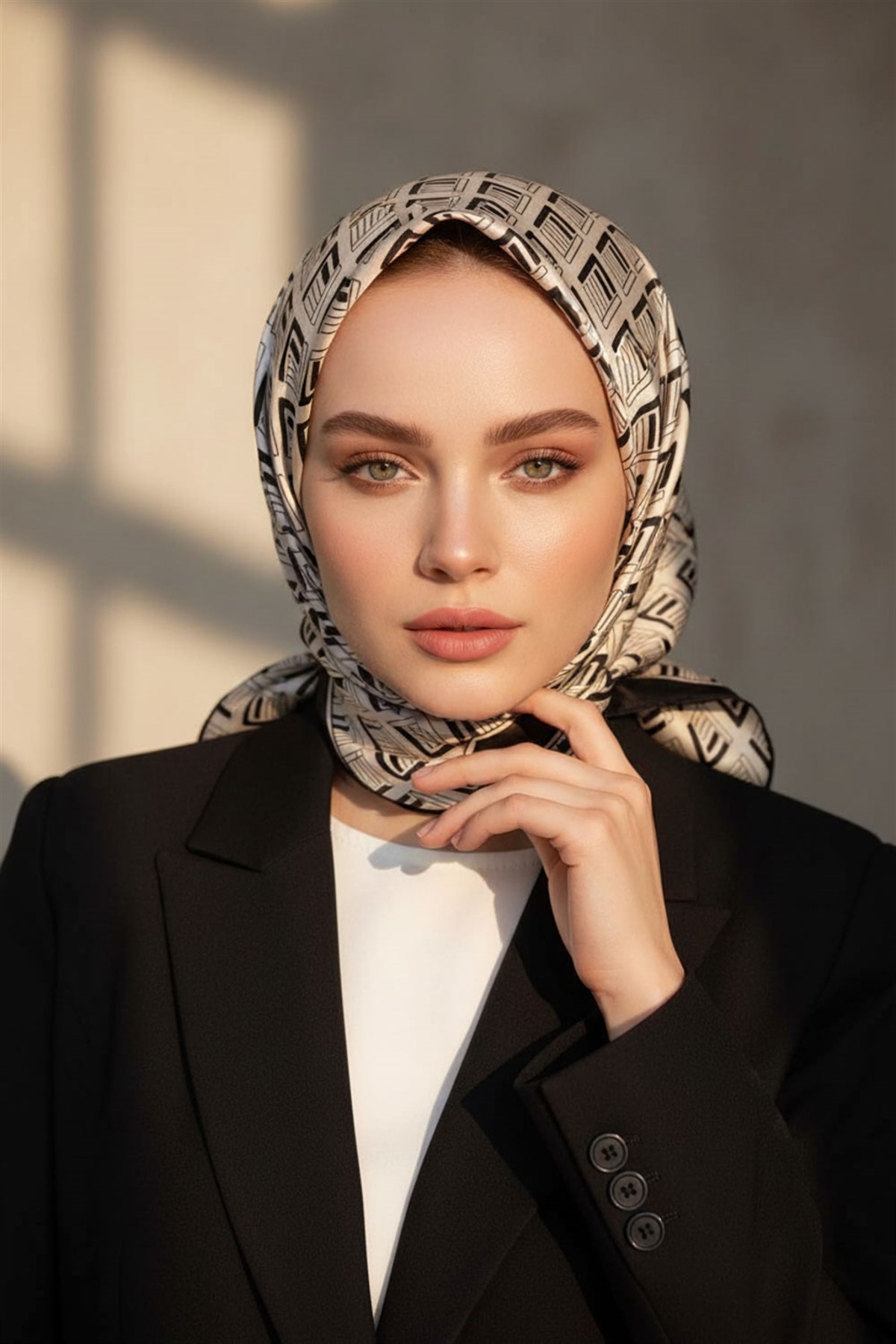 %100 Twill İpek Geometrik Desenli Krem - Siyah Renkli 90x90 Eşarp Dikim Şekli : El Dikişi