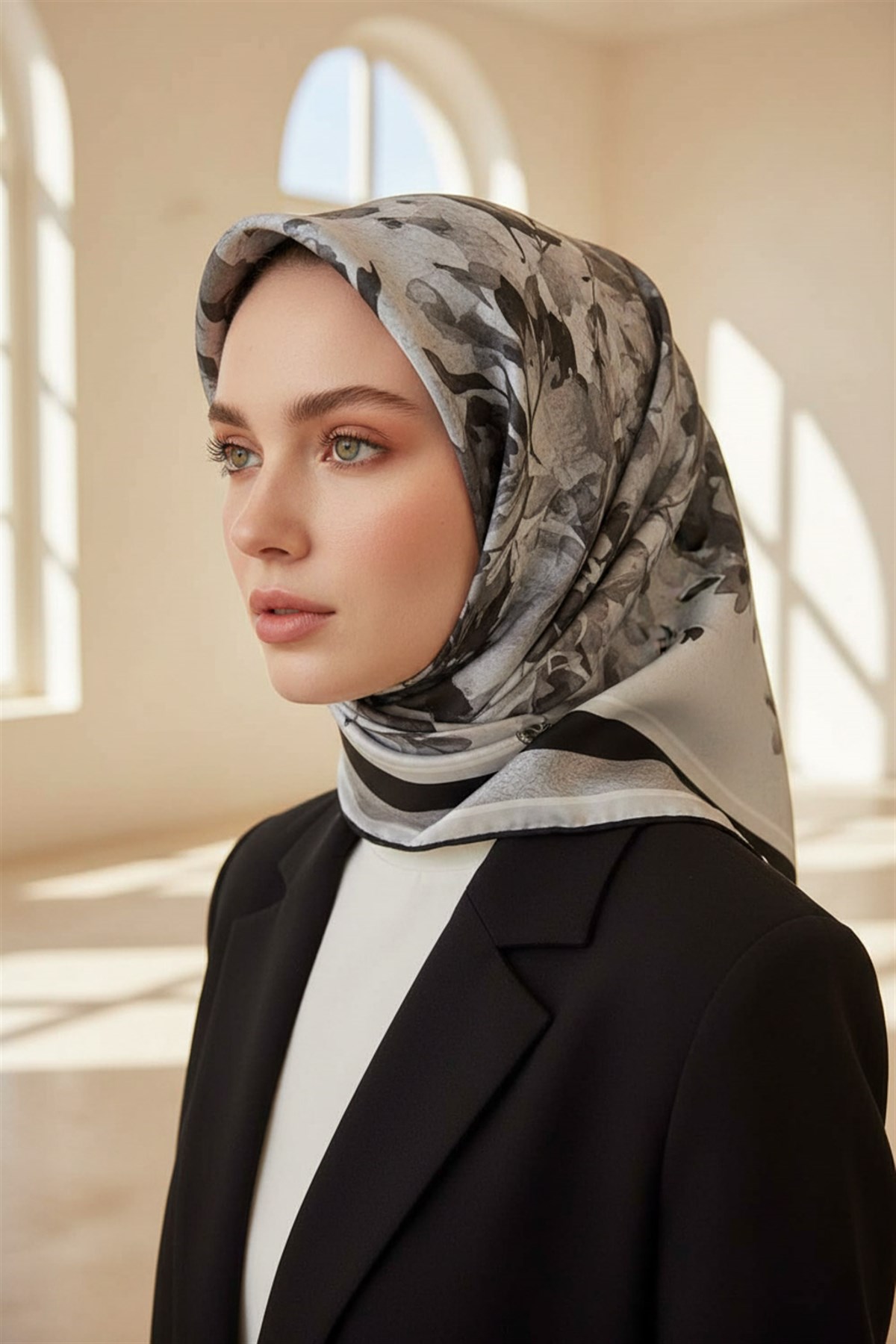 %100 Twill İpek Bahar Çiçekleri Desenli Siyah - Beyaz Renkli 90x90 Eşarp Dikim Şekli : El Dikişi