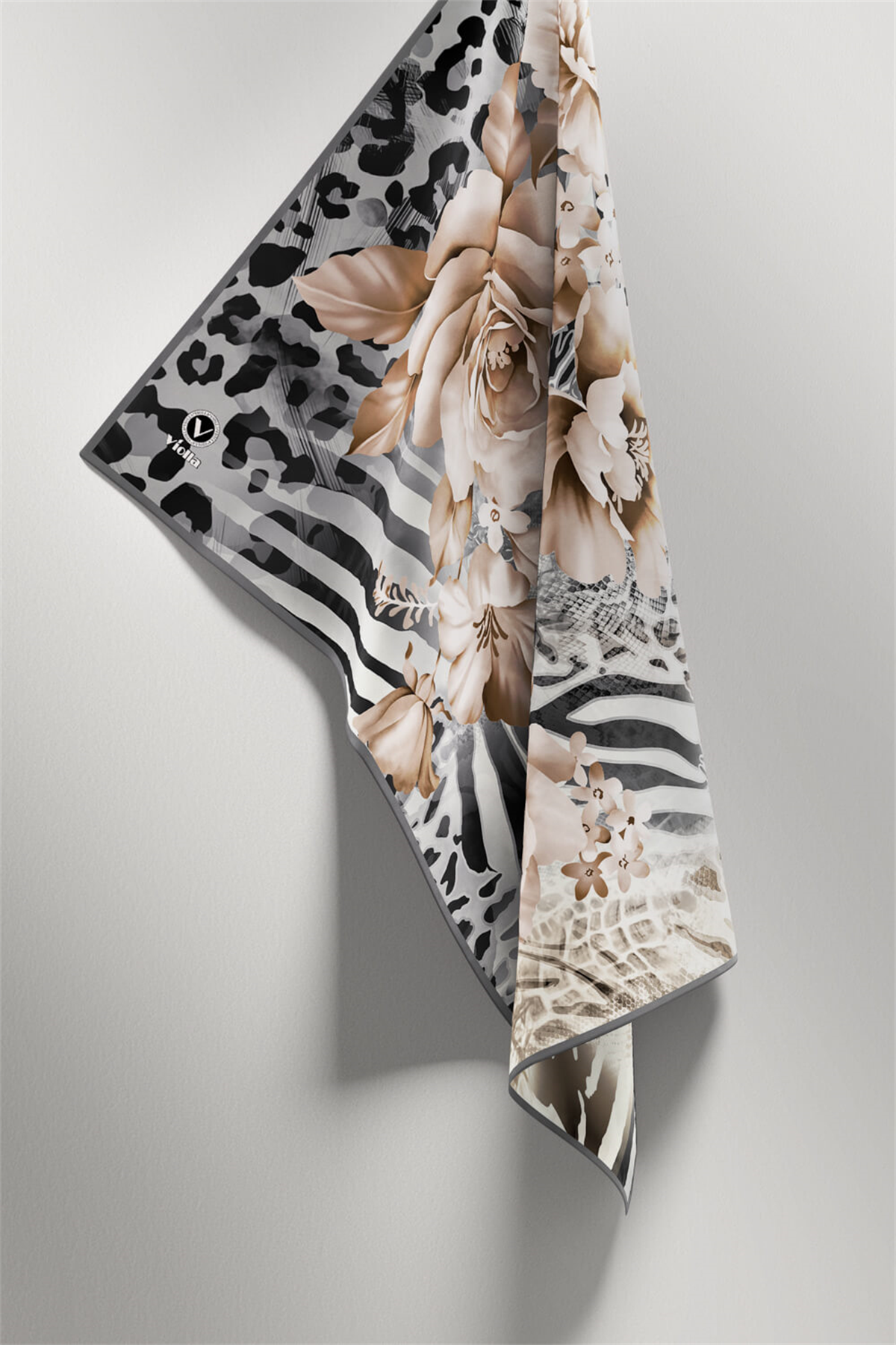 Twill Renkli Şerit Desenli Gri Renkli 90x90 Eşarp (İpek İçermez) Kenar Dikiş Şekli El Dikişli