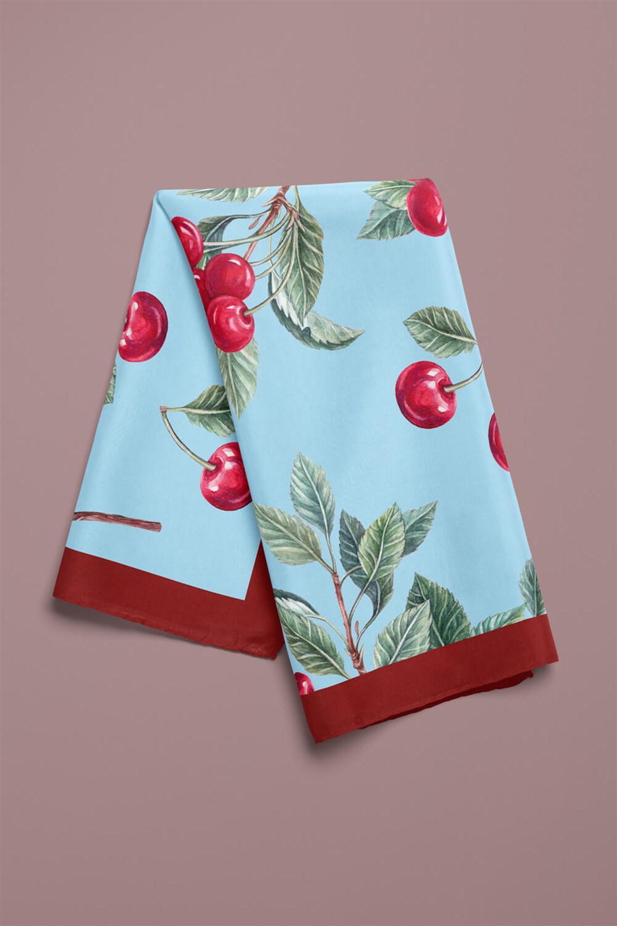 Violla B13 Kadın Kiraz Desenli Bandana 50x50 Kırmızı Yeşil DG0350-22 Snz