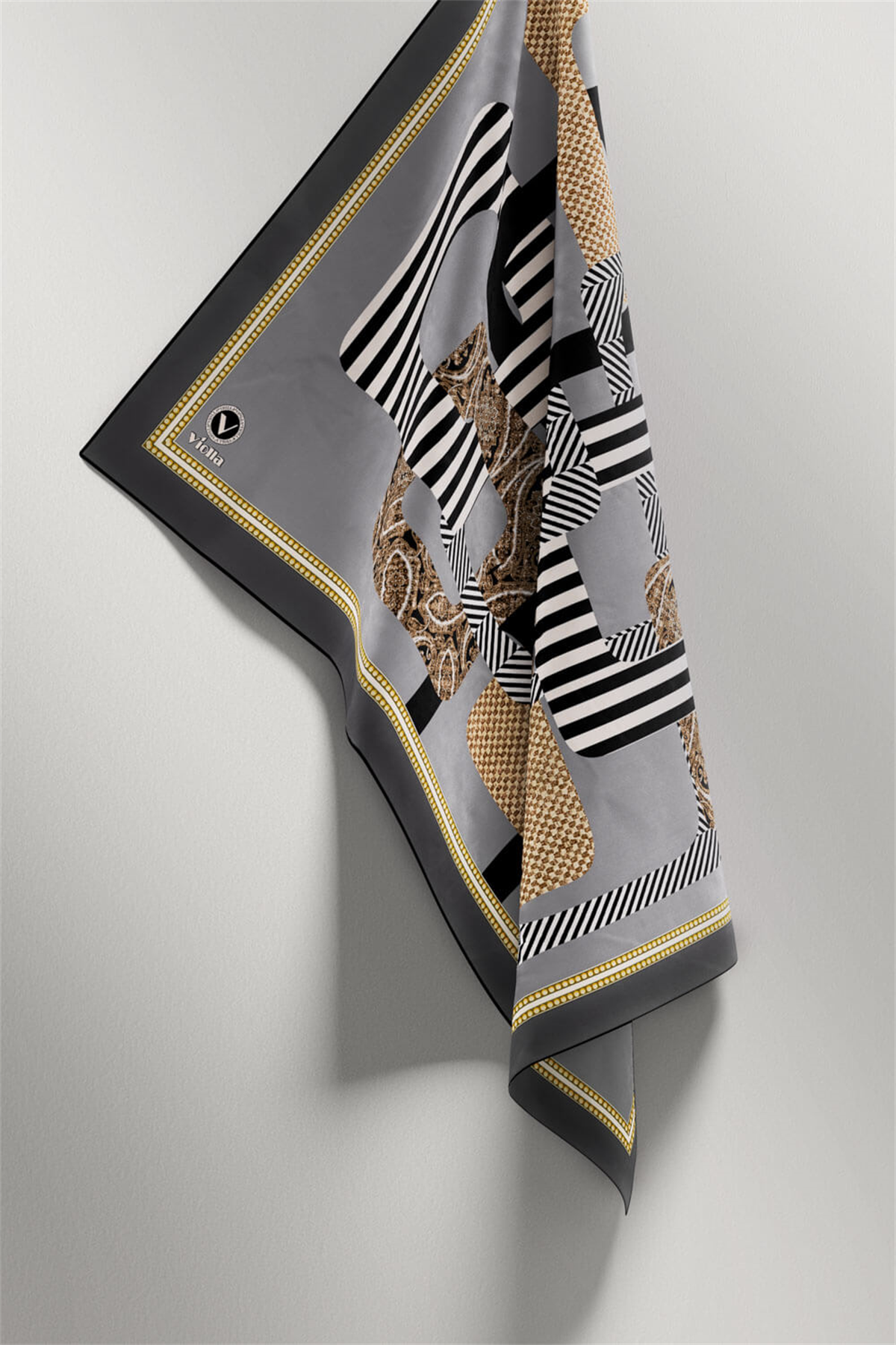 Twill Geometrik Desenli Gri Renkli 90x90 Eşarp (İpek İçermez) Kenar Dikiş Şekli El Dikişli