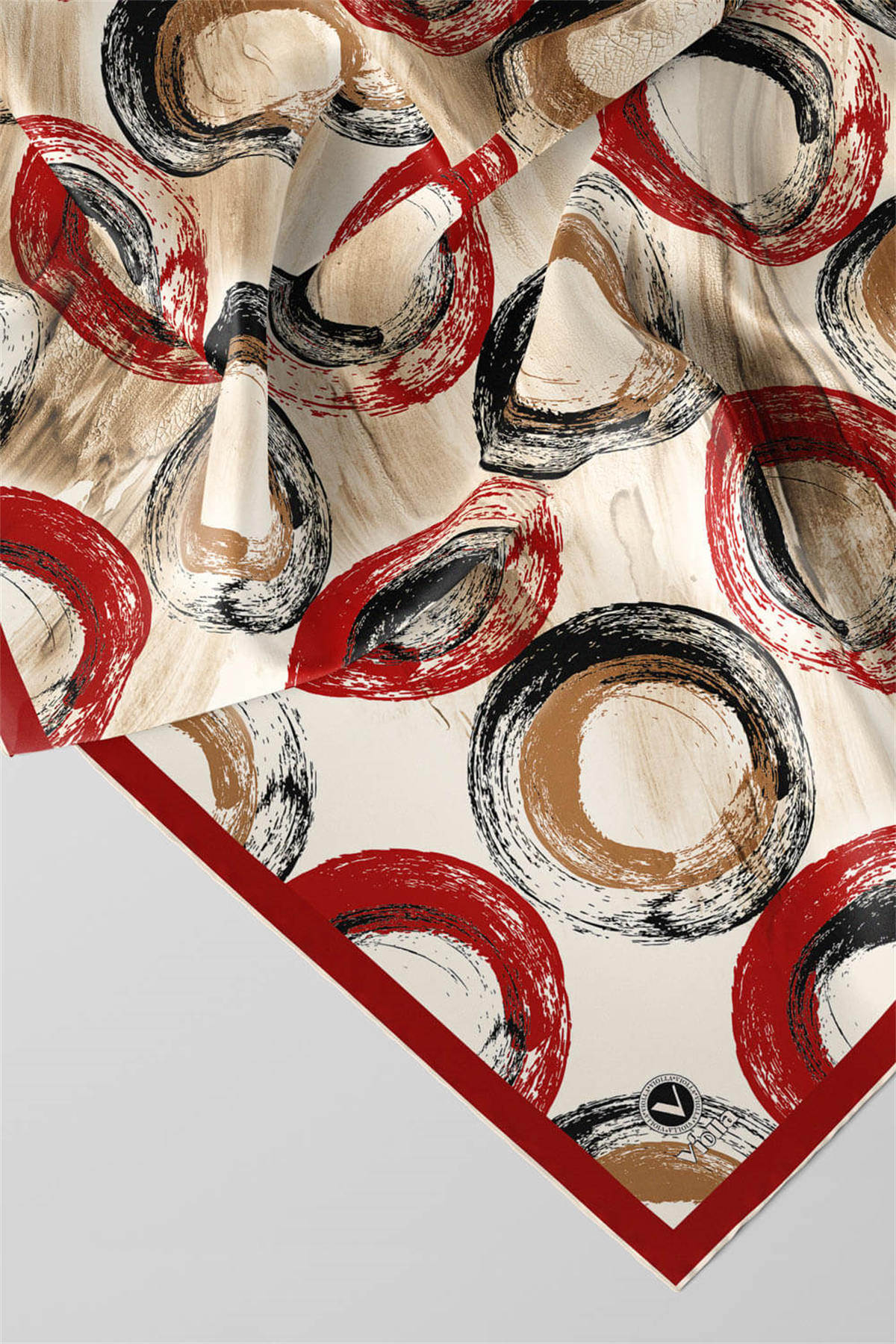 Twill Geometrik Fırça Darbesi Desenli Kırmızı Renkli 90x90 Eşarp (İpek İçermez) Kenar Dikiş Şekli El Dikişli