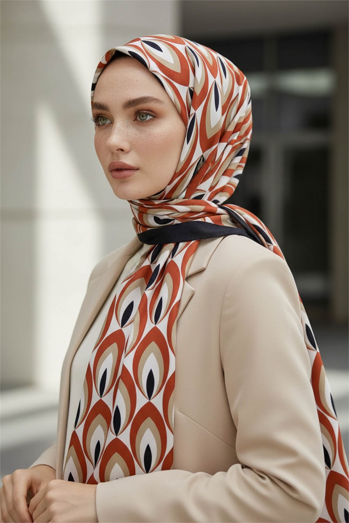 KREP GEOMETRİK DESENLİ TABA RENKLİ 75X195 KIRIŞMAZ ŞAL