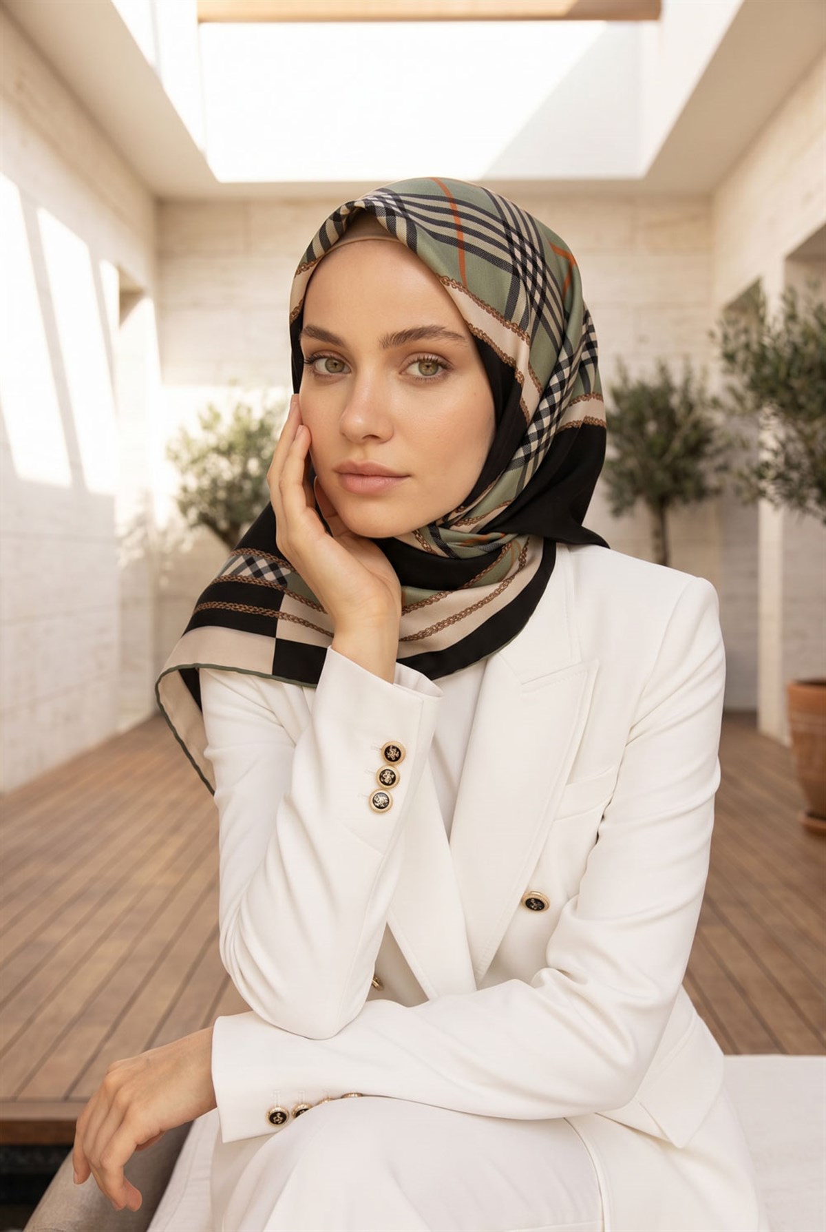 %100 Twill İpek Ekose Desenli Çağla Yeşili Renkli 90x90 Eşarp Dikim Şekli : El Dikişi