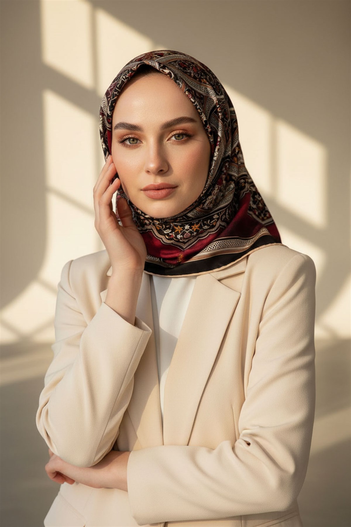 %100 Twill İpek Şal Desenli Bordo - Siyah Renkli 90x90 Eşarp Dikim Şekli : El Dikişi