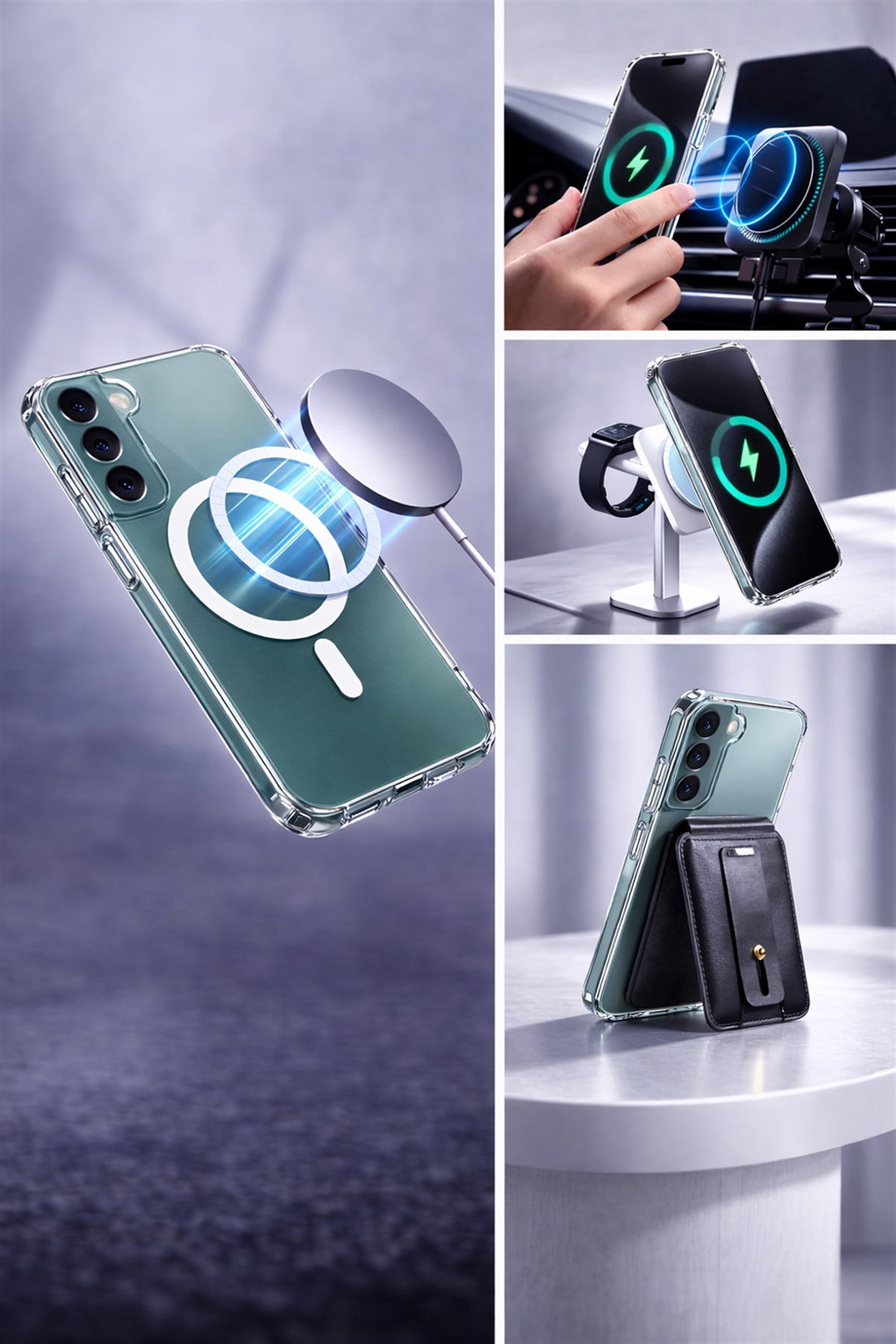 Samsung Galaxy S21 Plus Uyumlu Kamera Korumalı Magsafe Wireless Şarj Özellikli Lüks Şeffaf Silikon Telefon Kılıfı