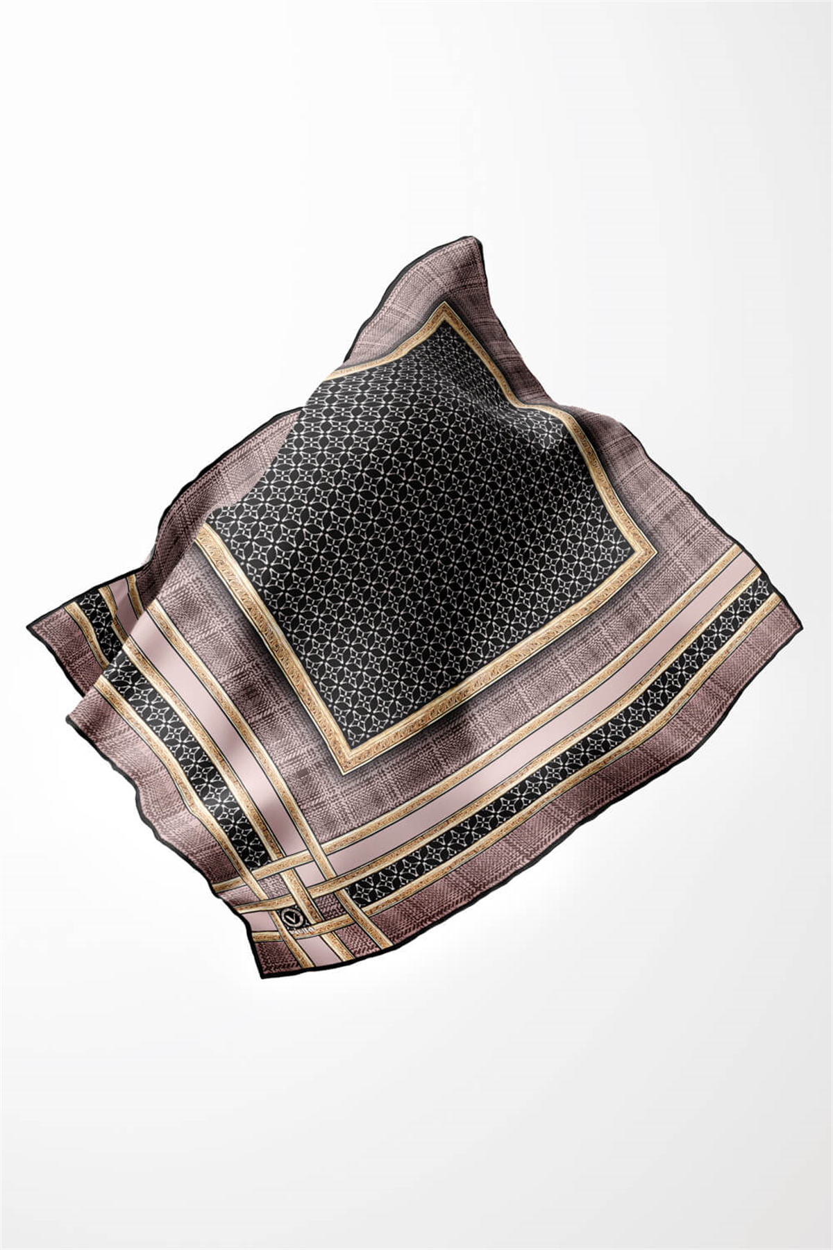 Twill Gold Bordürlü Geometrik Desenli Vizon Renkli 90x90 Eşarp (İpek İçermez) Kenar Dikiş Şekli El Dikişli