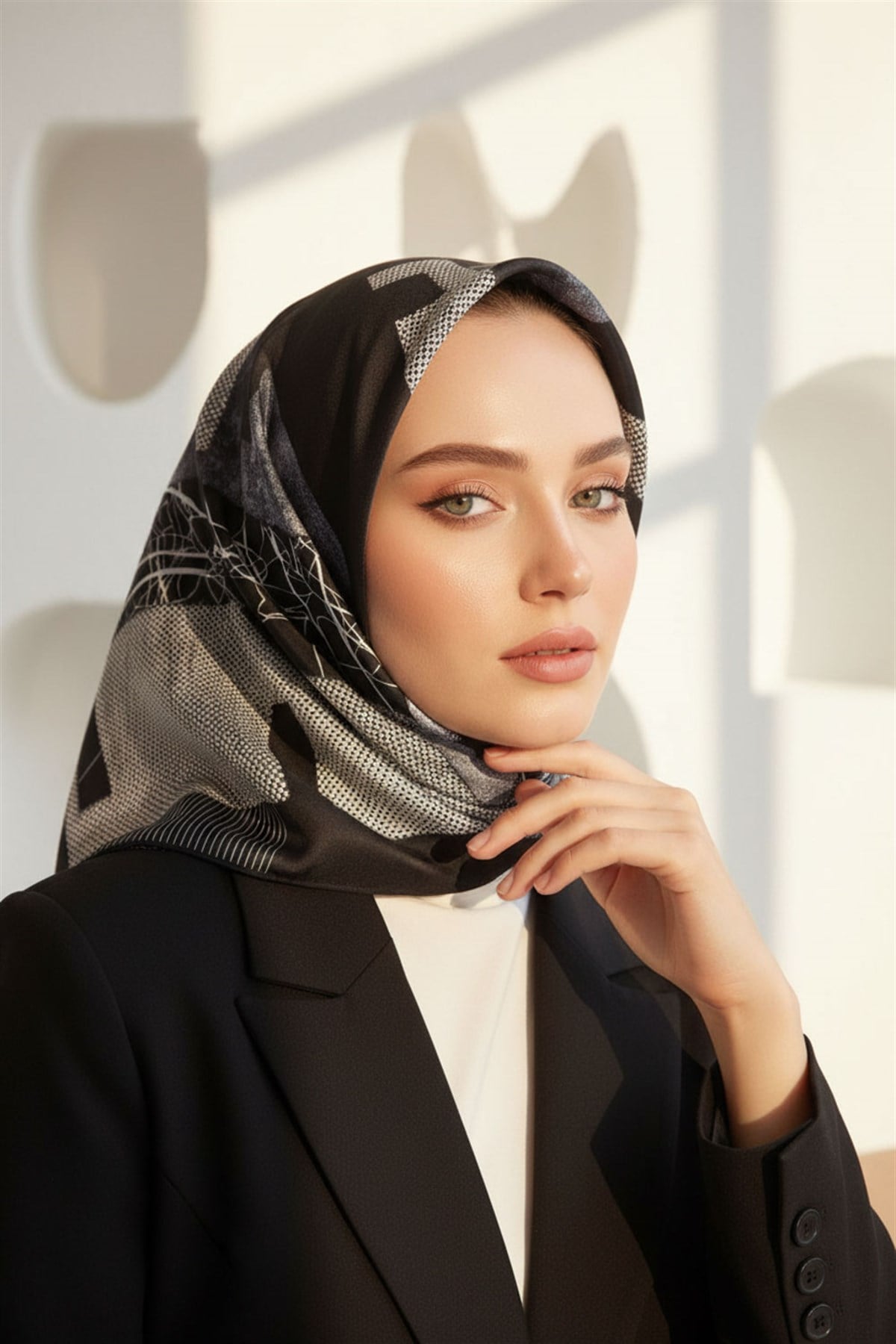 %100 Twill İpek Geometrik Desenli Siyah - Gri Renkli 90x90 Eşarp Dikim Şekli : El Dikişi