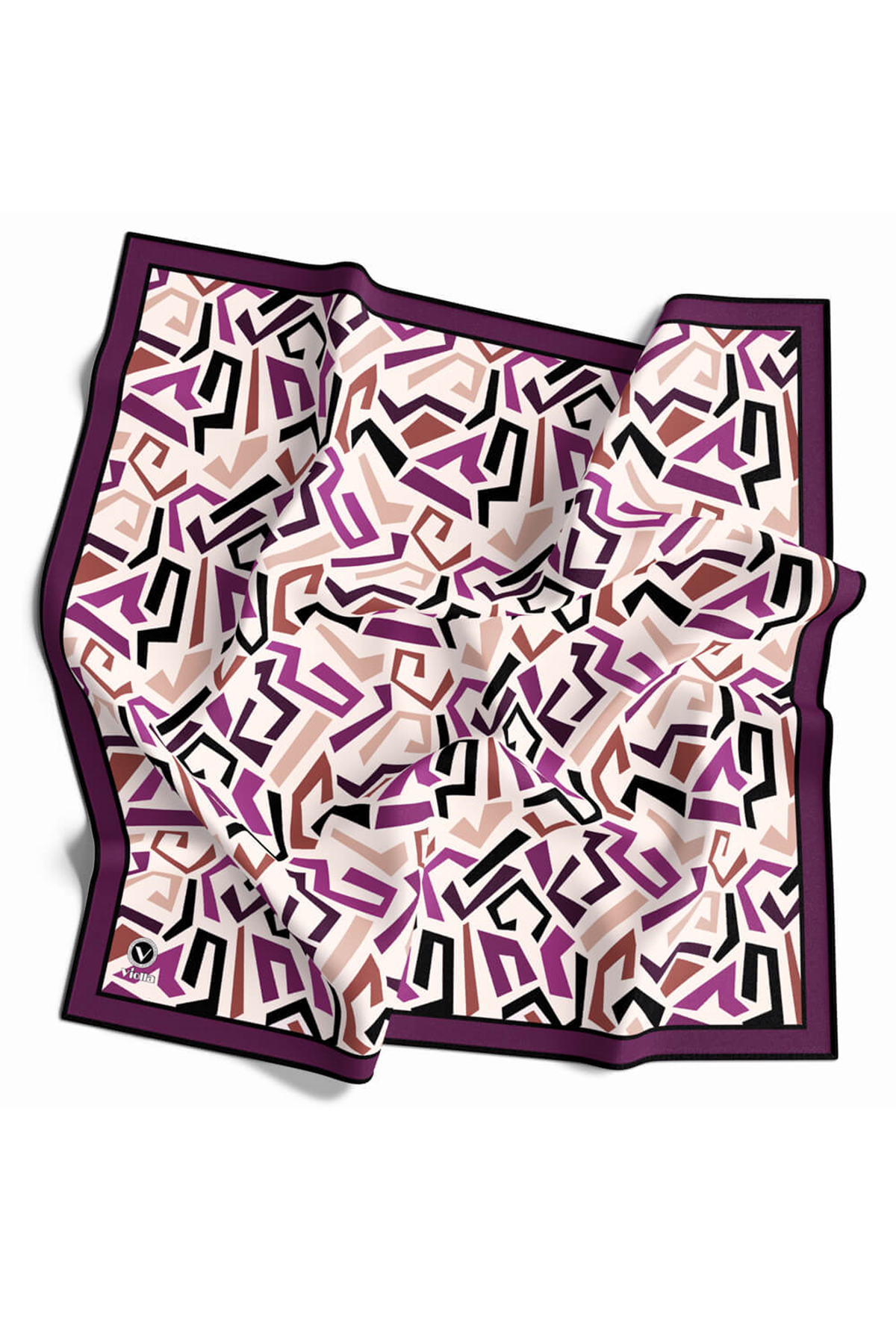 Twill Geometrik Desenli Mürdüm Renkli 90x90 Eşarp (İpek İçermez) Kenar Dikiş Şekli El Dikişli