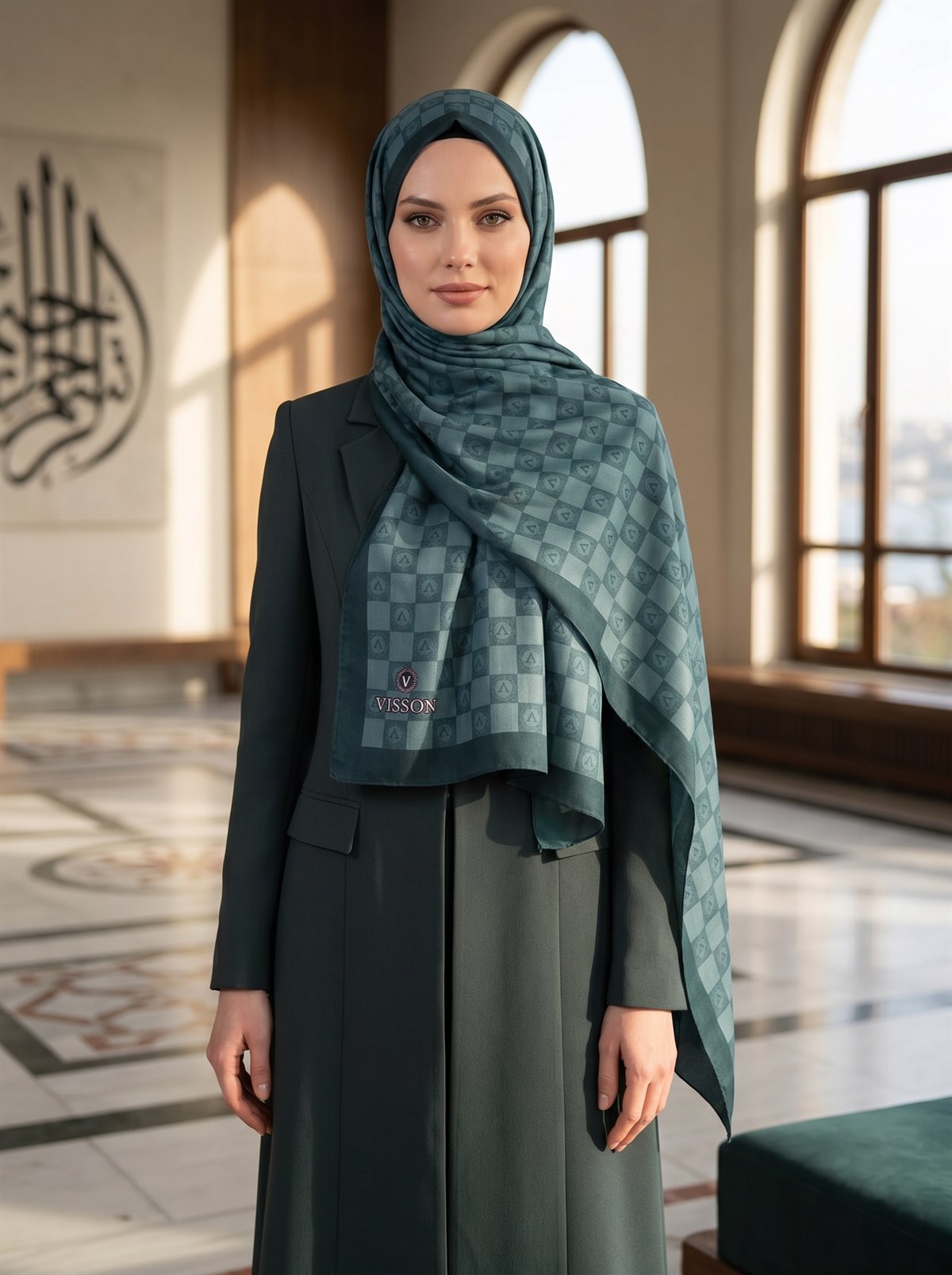 KREP MONOGRAM DESENLİ ZÜMRÜT YEŞİLİ RENKLİ 75X195 KIRIŞMAZ ŞAL