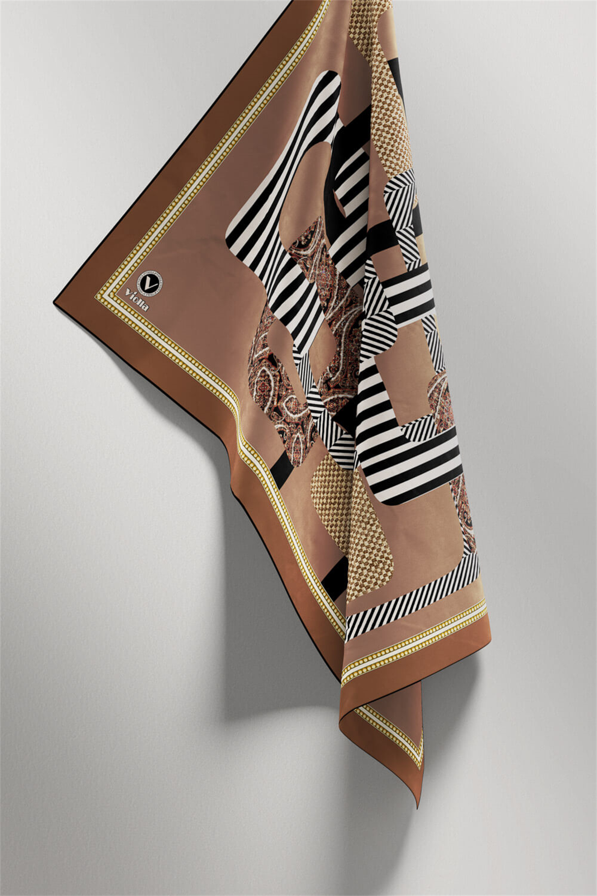 Twill Geometrik Desenli Bakır Renkli 90x90 Eşarp (İpek İçermez) Kenar Dikiş Şekli El Dikişli