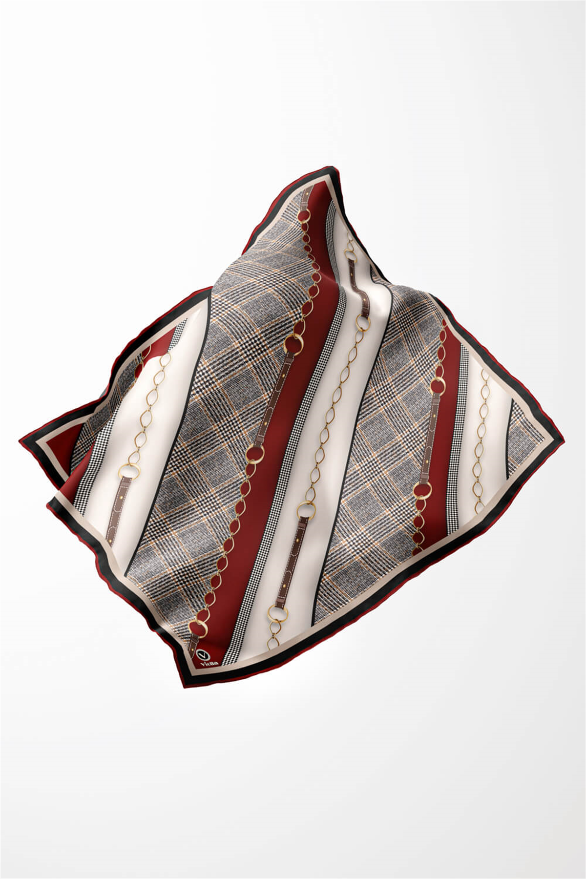 Twill Kemer Desenli Bordo Renkli 90x90 Eşarp (İpek İçermez) Kenar Dikiş Şekli El Dikişli