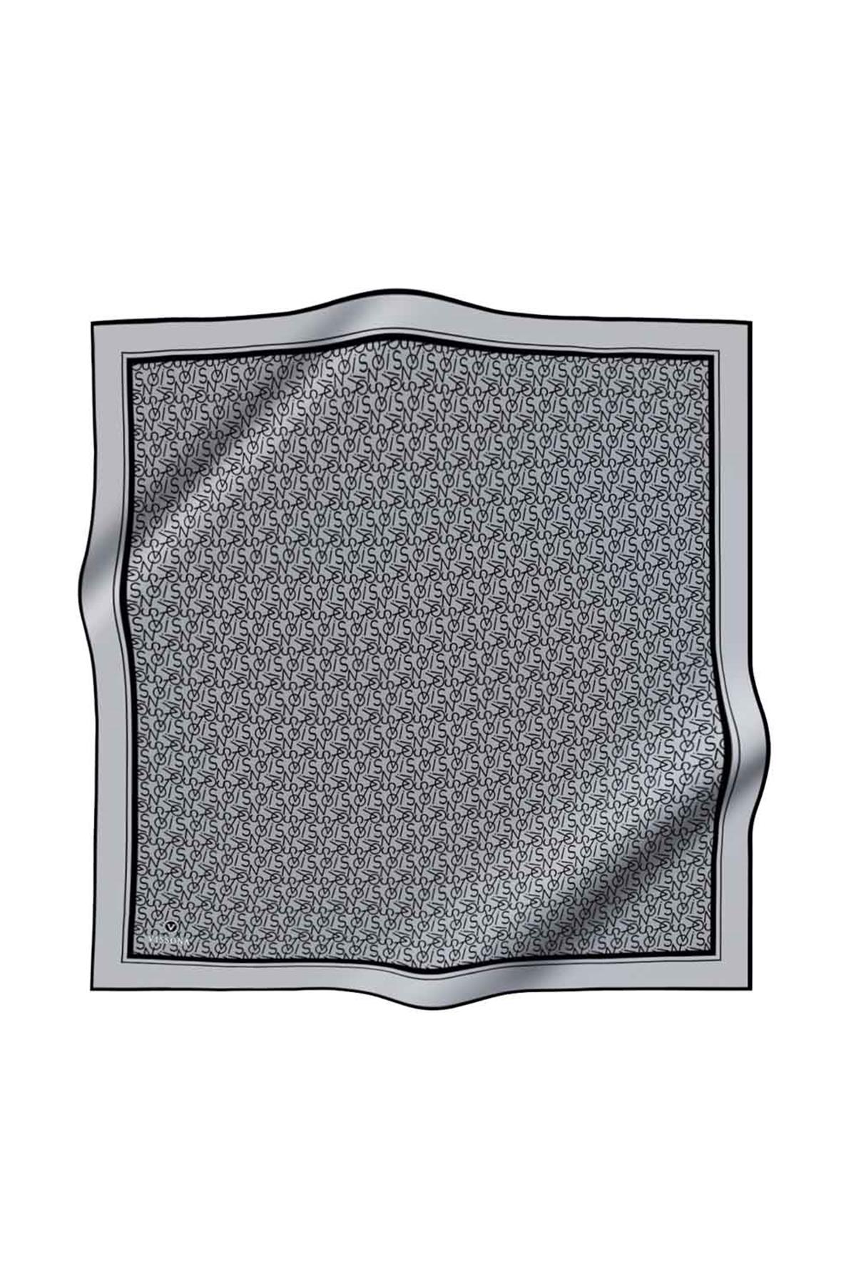 %100 Twill İpek Harf Desenli Gri - Siyah Renkli 90x90 Eşarp Dikim Şekli : El Dikişi