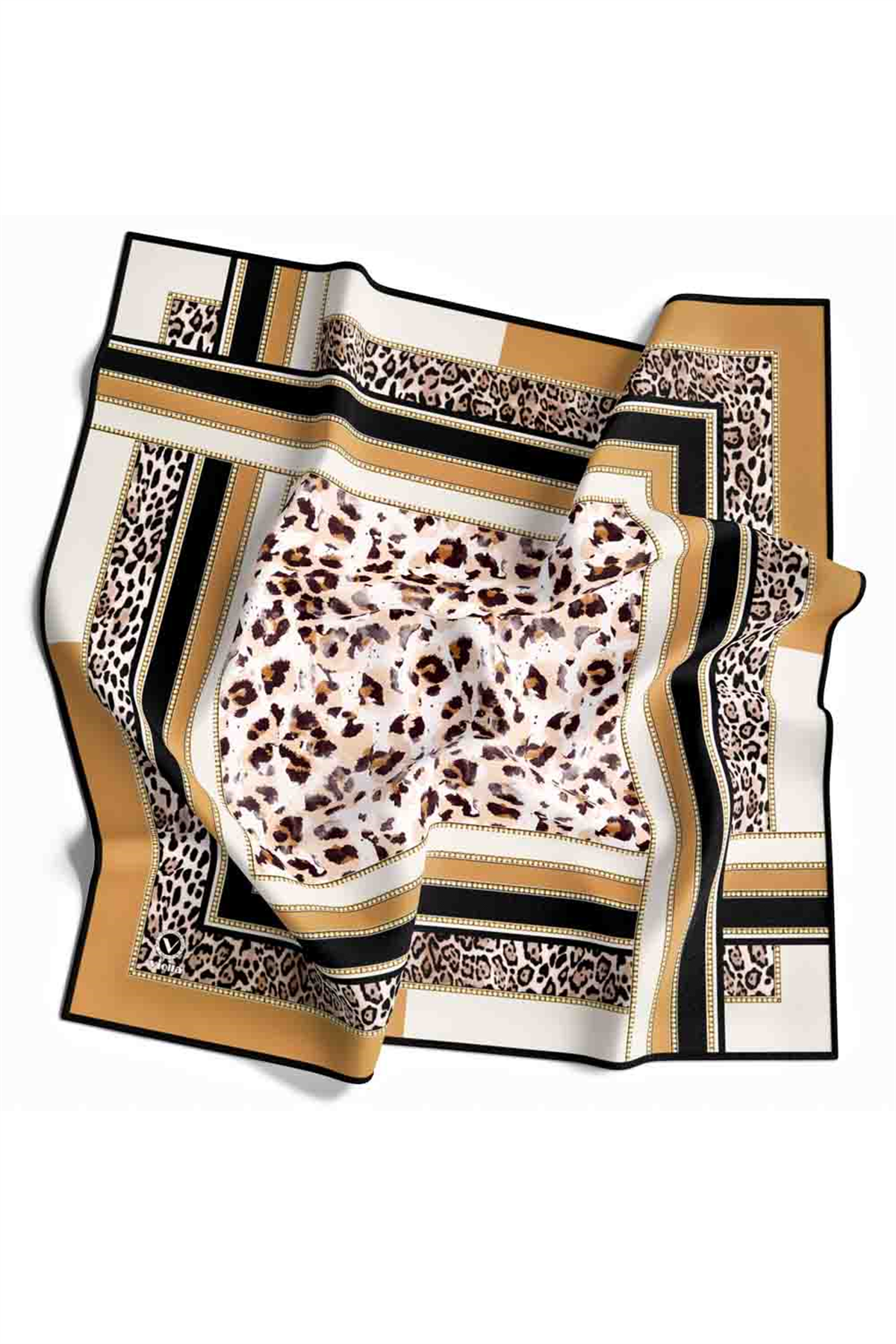 Twill Kemerli ve Leopar Desenli Hardal Renkli 90x90 Eşarp (İpek İçermez) Dikim Şekli : El Dikişi