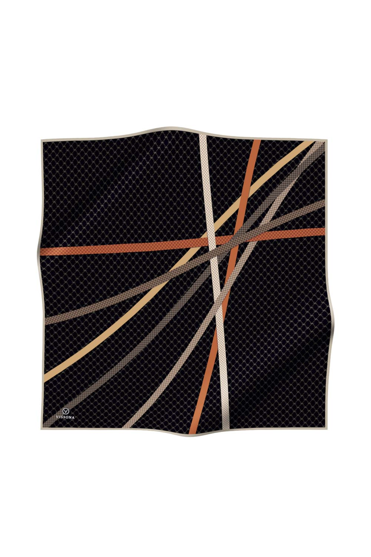%57 İPEK %43 VİSKON Twill İpek Monogram Ve Şerit Desenli Siyah - Taba Renkli 90x90 Eşarp Dikim Şekli : El Dikişi