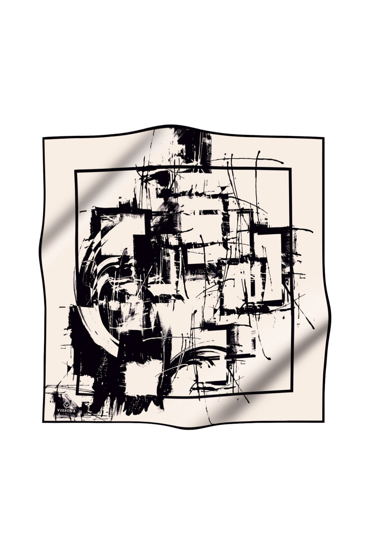 % 57 İPEK % 43 VİSKON Twill İpek Geometrik Desenli Krem - Siyah Renkli 90x90 Eşarp Dikim Şekli : El Dikişi