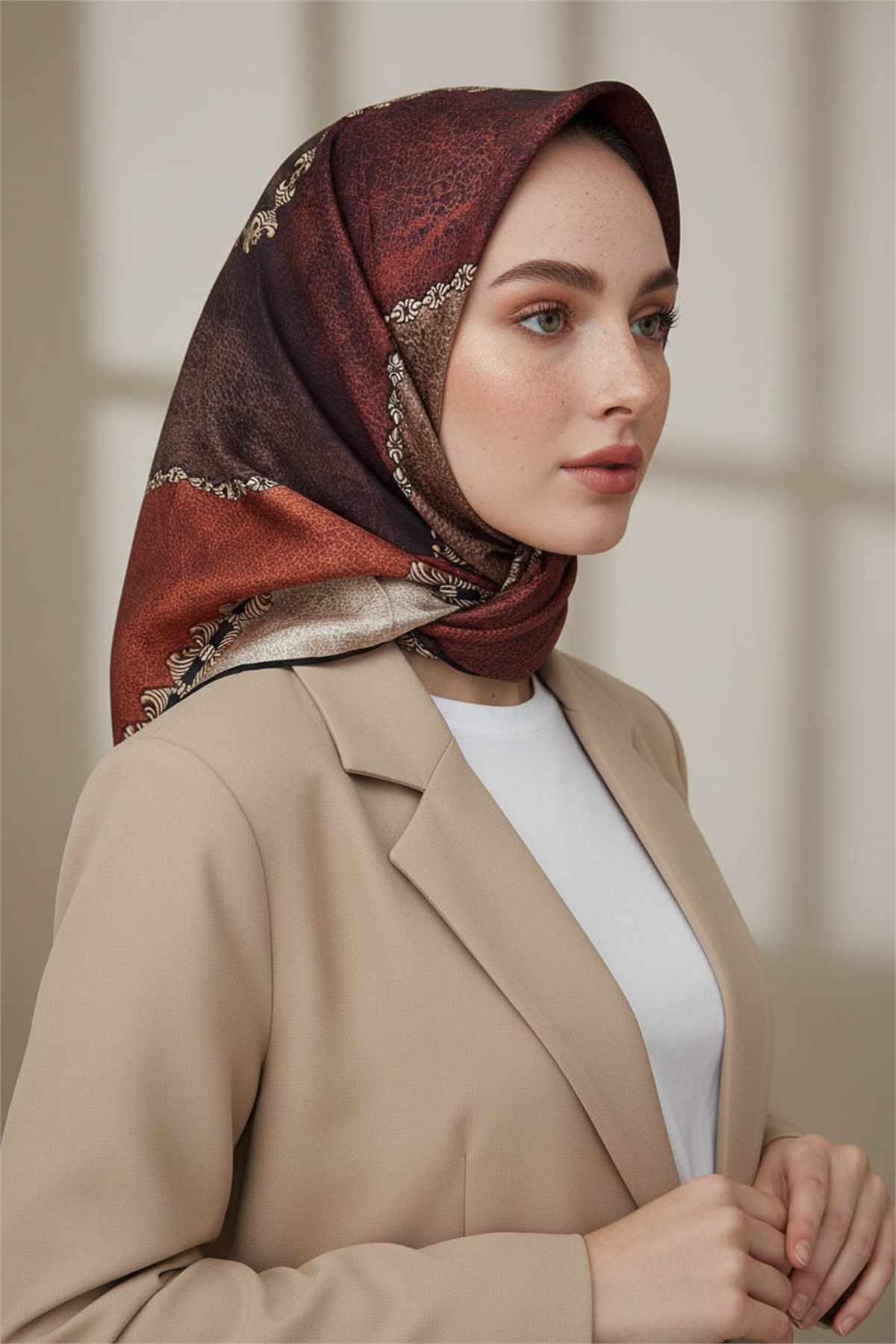%100 Twill İpek Geometrik Desenli Taba - Hardal Renkli 90x90 Eşarp Dikim Şekli : El Dikişi