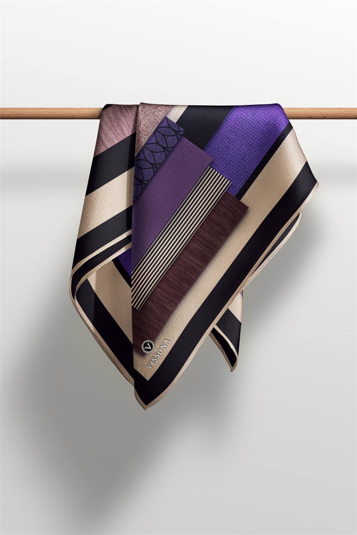 %100 Twill İpek Geometrik Desenli Mor - Siyah Renkli 90x90 Eşarp Dikim Şekli : El Dikişi