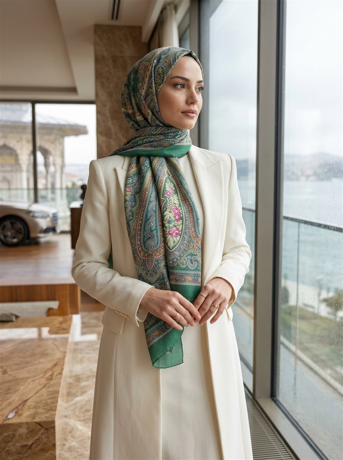 %100 İpek Etro Desenli Petrol Yeşili Renkli 92x210 Şal